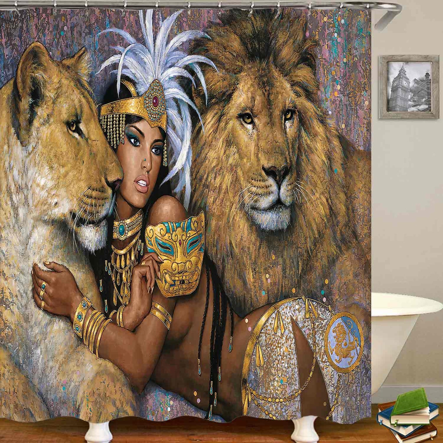 OLEBETY 4PCS Lion African Women Shower Curtain Sets With Rugs, African American Shower Curtain, Waterproof Fabric Brown Shower Curtain, Wild Animal Exotic Afro Black Girl Egyptian Queen Bathroom Decor