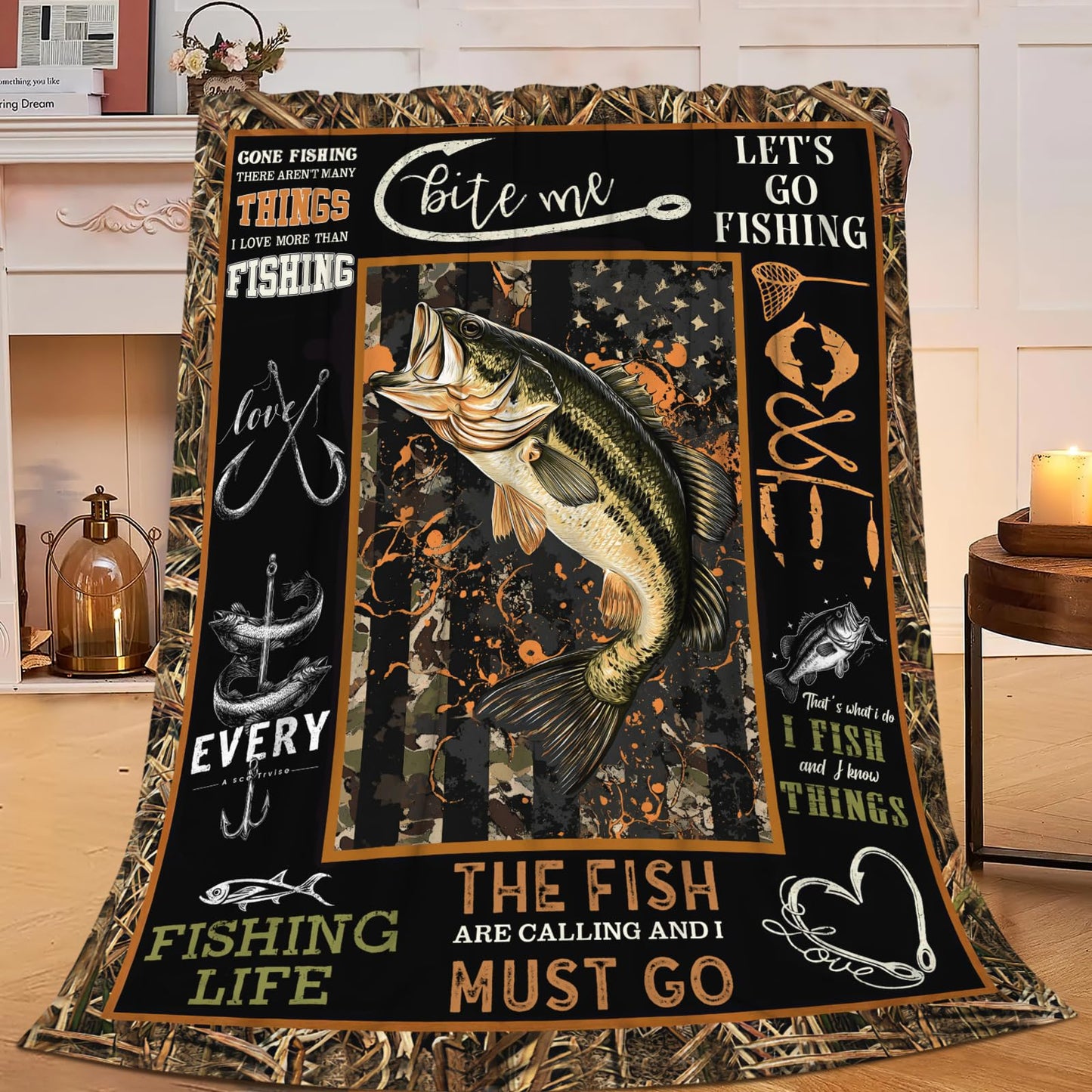 Dynova Fishing Blanket Cozy Plush Fish Throw Blankets Fuzzy Flannel Fleece Camo Fisherman Gifts Decor for Boys Men 50"X40"