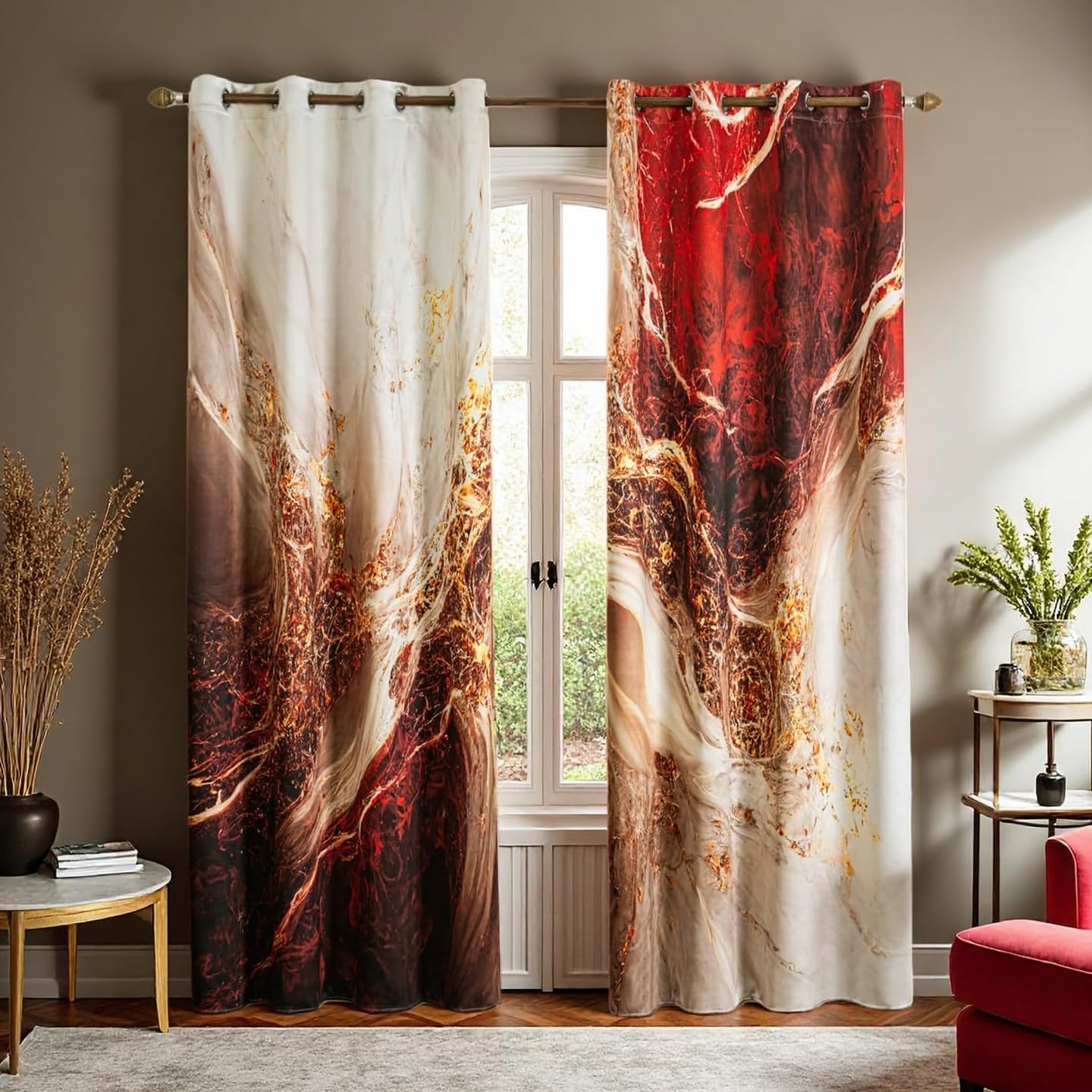 Marble 100% Blackout Curtains for Bedroom 84 inch Long 2 Panels Set Red Gold Marble Texture Veins Modern Abstract Black Out Curtains Insulated Room Darkening Window Drapes for Living Room, 42Wx84L