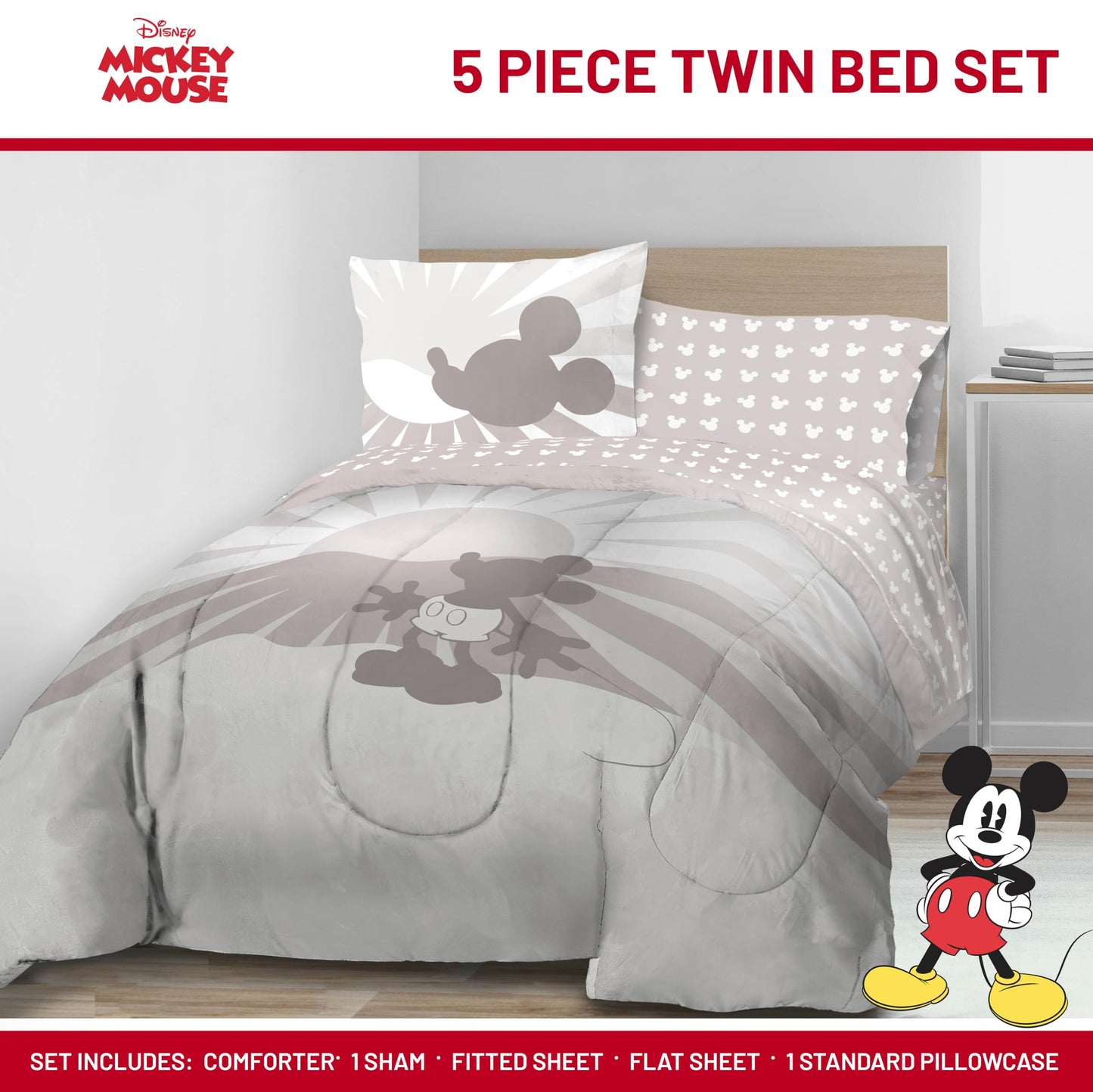 Jay Franco Disney Mickey Mouse Twin Size Comforter Set - 5 Piece Bedding Includes Sheet Set & Pillow Covers - Super Soft Cozy Bedding