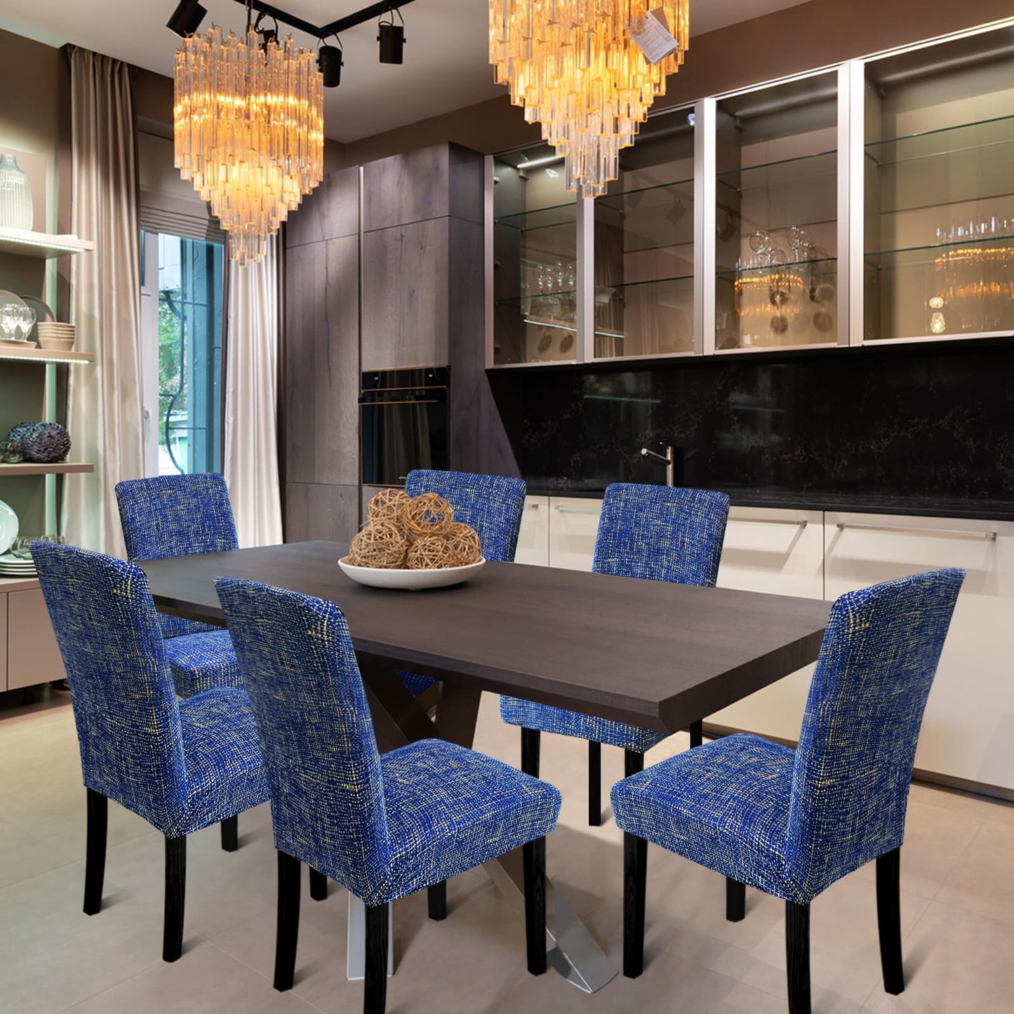 Fafua Chair Covers, Dining Room Chair Covers, Stretch Kitchen Chair Covers/Dining Room Chair Covers Set of 4, Removable Washable Dining Chair Slipcovers for Home, Hotel, Banquet, Linen Blue Pattern