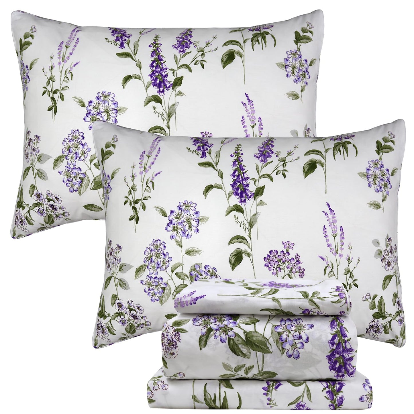 Helthep Floral Sheet Set King Size 100% Cotton Purple Floral Pattern Sheets Botanical Shabby Printed Bed Sheets Set Luxury Percale Warm 17.5" Deep Pocket Ultra Soft and Beathable, 4Pcs
