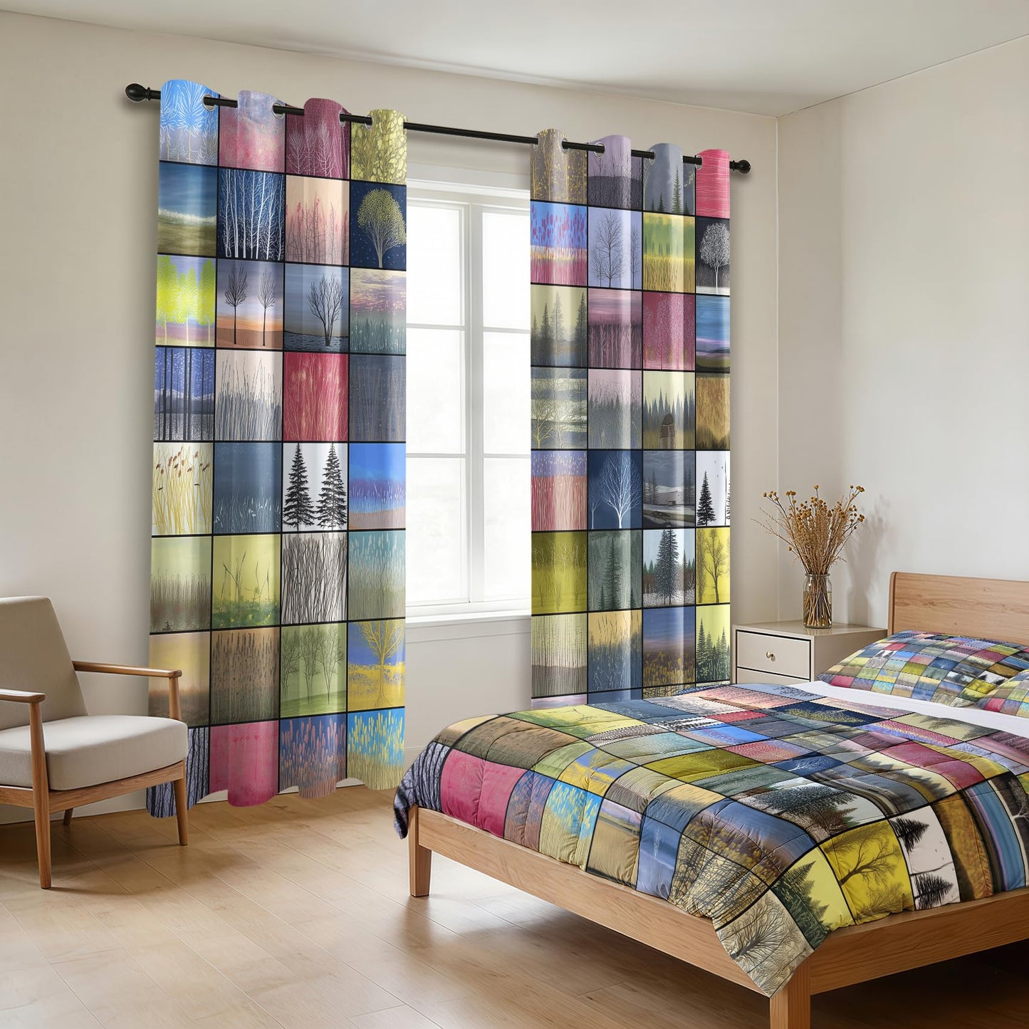 Solvivae Tree Blackout Curtains for Bedroom Living Room, Scenery Patchwork Patterned Window Treatments, Room Darkening Thermal Insulated Grommet Drapes, 54 Inch Curtains 2 Panel Set