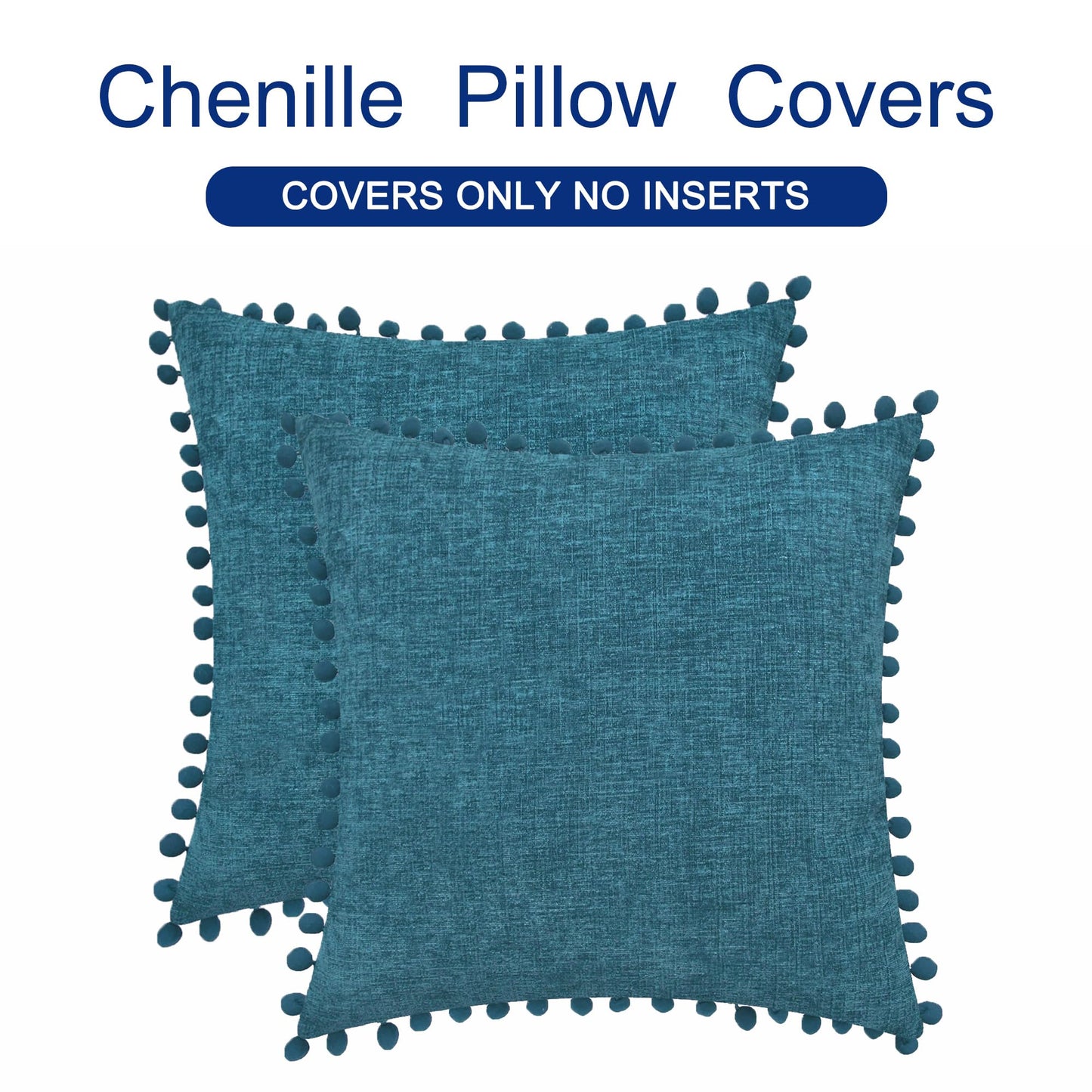 CaliTime Throw Pillow Covers Decorative 18 X 18 Inches Pack of 2 Cozy Solid Dyed Soft Chenille Cushion Cases with Pom Poms for Couch Sofa Bed Living Room Home Ocean Blue