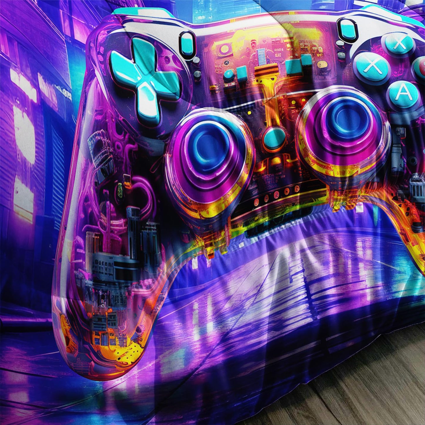 Nttopship Gamer Neon Comforter Set Queen Size, Violet Gaming 3 Bedding Set for Boys Girls Teens, Games Gamepad Lightweight Down Alternative with 2 Pillowcases for Bedroom Decorative