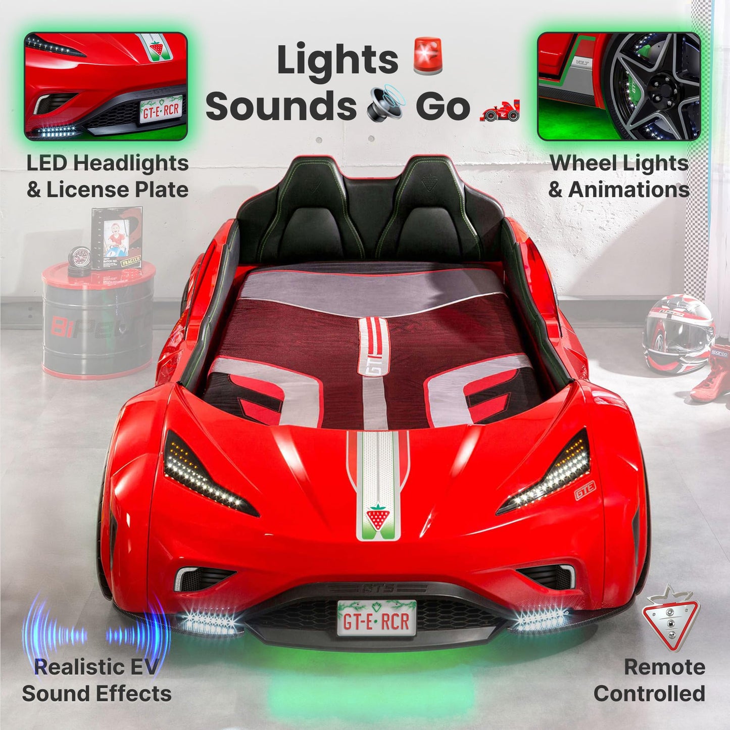 Cilek GTS EV Twin Kids Race Car Bed with Remote Control, LED Lights & Sounds, Vegan Leather Headboard, Guardrails, Non-Toxic, Fits Twin Mattress, Red