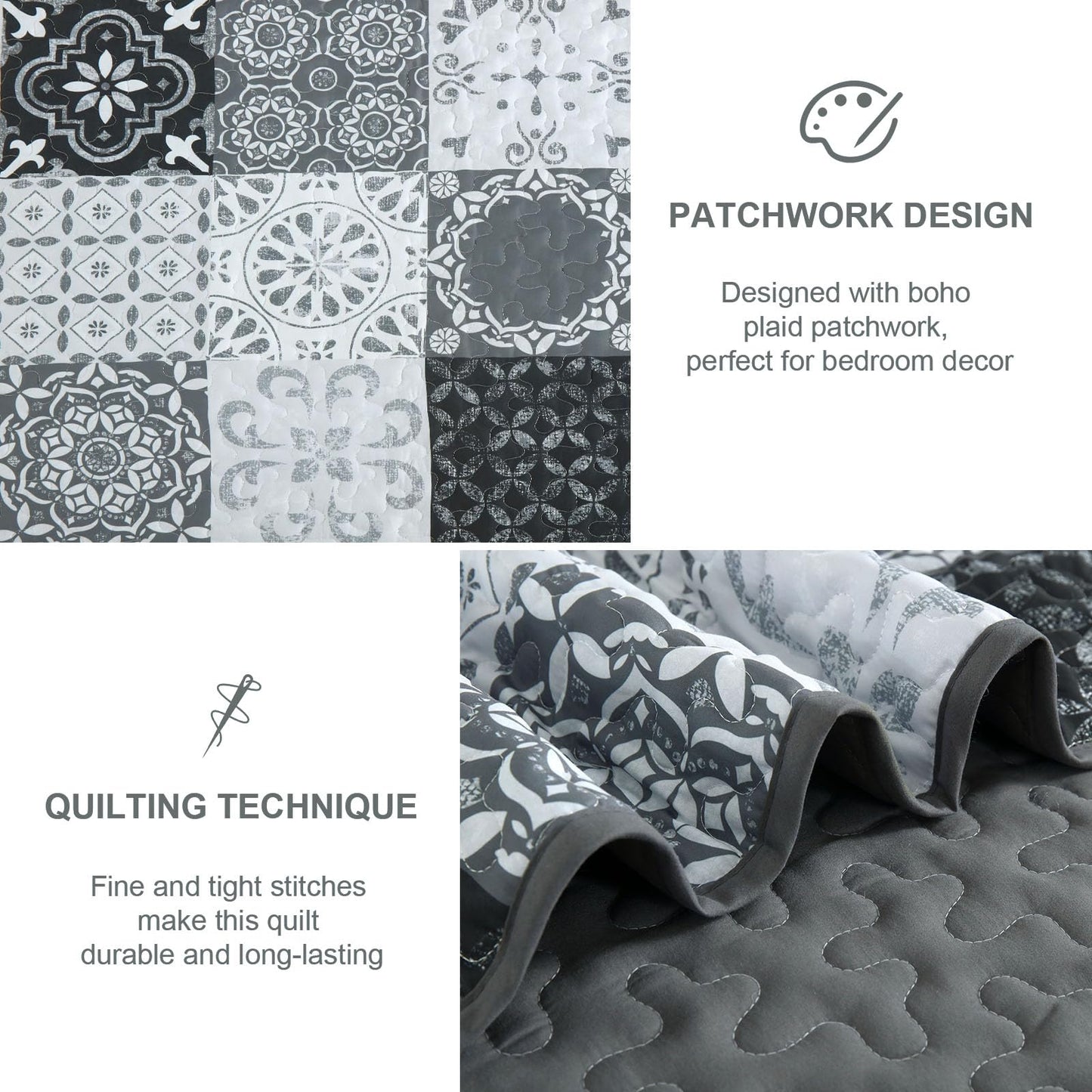 Dobuyly Grey Black Quilt Set Queen Size, Boho Plaid Patchwork Bedspreads Coverlet Set, 3 Pieces Soft Lightweight Microfiber Farmhouse Quilt Bedding Set for All Seasons 96"x90"