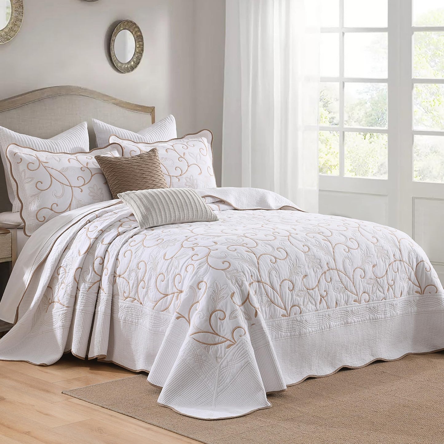 FineStichery 100% Cotton Oversized Bedspread Quilt Coverlet Set, 128"x120" Extra Large Cal King Bedspreads with Pillow Shams, Lightweight Embroidered Bedding Cover 3 Piece, White/Beige