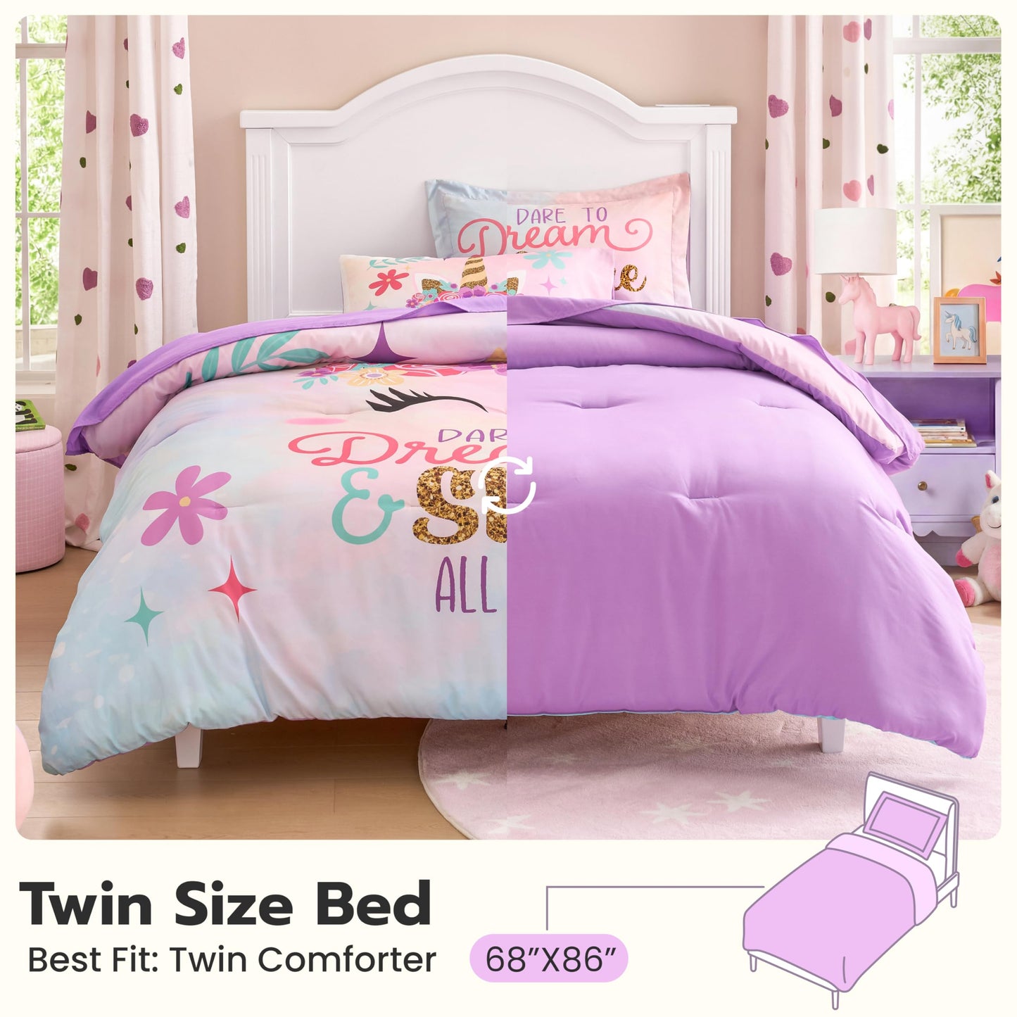 Joiedomi Kid Twin Comforter Set 5 Piece Unicorn Bedding Set for Boys Girls Super Soft Microfiber Bed in a Bag with Comforter Sheets Pillowcase Sham