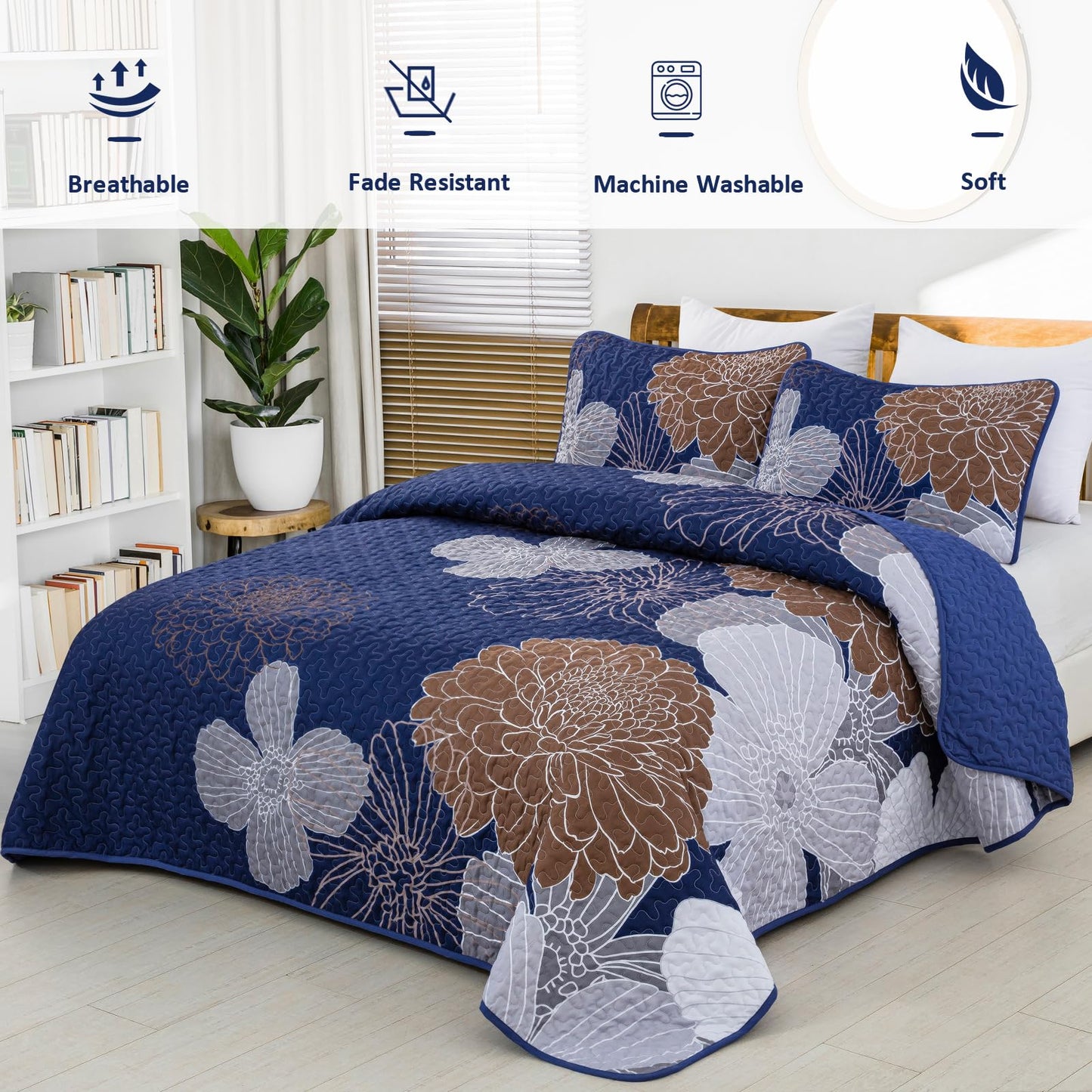Anibedding Floral Bedspread Quilt Set Queen 3 Pieces-Navy Blue Bohemian Floral Quilt Coverlet Set Soft Microfiber Lightweight Quilted Bedspread with Pillow Shams for All Season 96"x90"