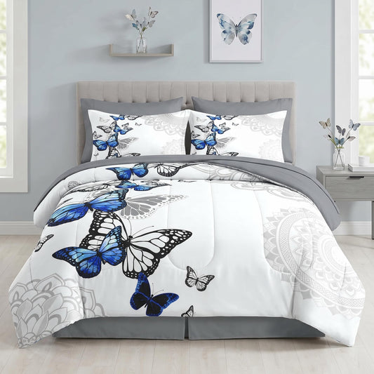 Pamnest Comforter Set Twin Size, Summer Spring Blue Butterfly 5 Pcs Bedding for Kids and Adults, Abstract Mandala Floral Bed Sheet Sets with Fitted Sheet Pillowcase & Sham for Bedroom Bed Decor