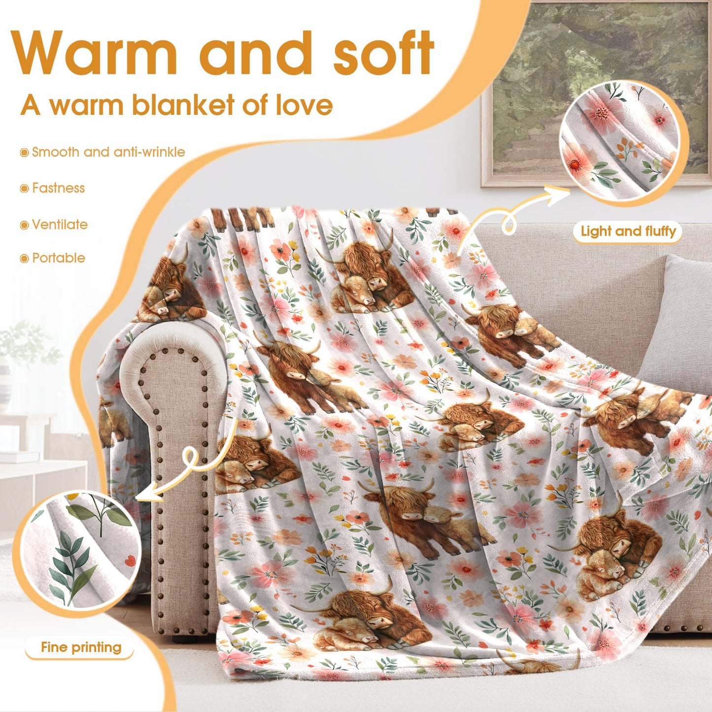 Hohoto Highland Cattle Floral Blanket Flower Gifts for Women Girls Adults Kids Men Boys Birthday Christmas Halloween Easter Wife Mom Girlfriend Dad Son Husband Spring Throw Blanket 50"x60"