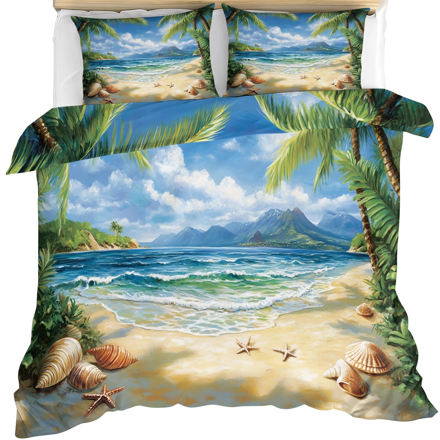 GKPLY Tropical Beach Bedding Comforters, Palm Tree Ocean Duvet Cover, Coastal Seascape Comforter Set, Reversible Print - Vacation Reversible Print Bedding Duvet Cover & 2 Pillowcases California King