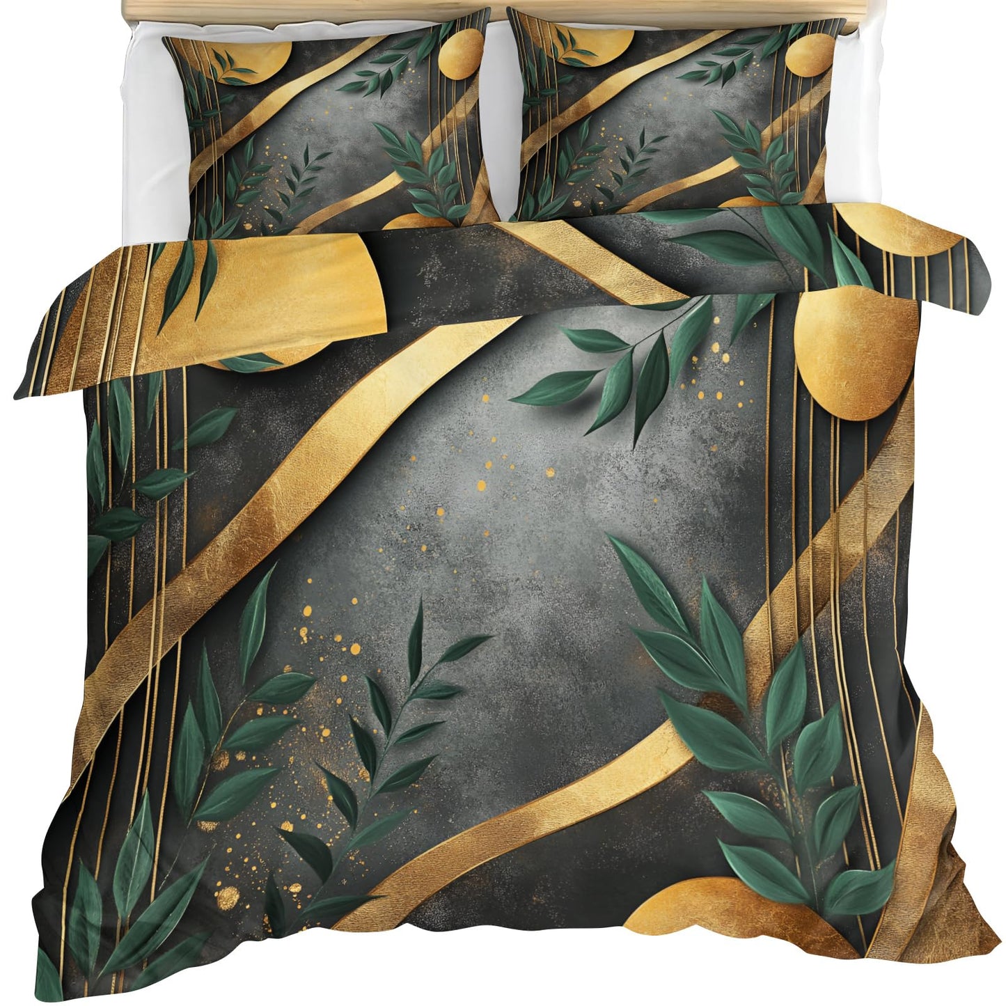 GKPLY Geometric Bedding Green Leaves Duvet Cover Full Modern Abstract Comforter Cover with Zipper & Ties - 3 Pieces with 2 Pillowcases - Home Decor & Gifts Black and Grey Design