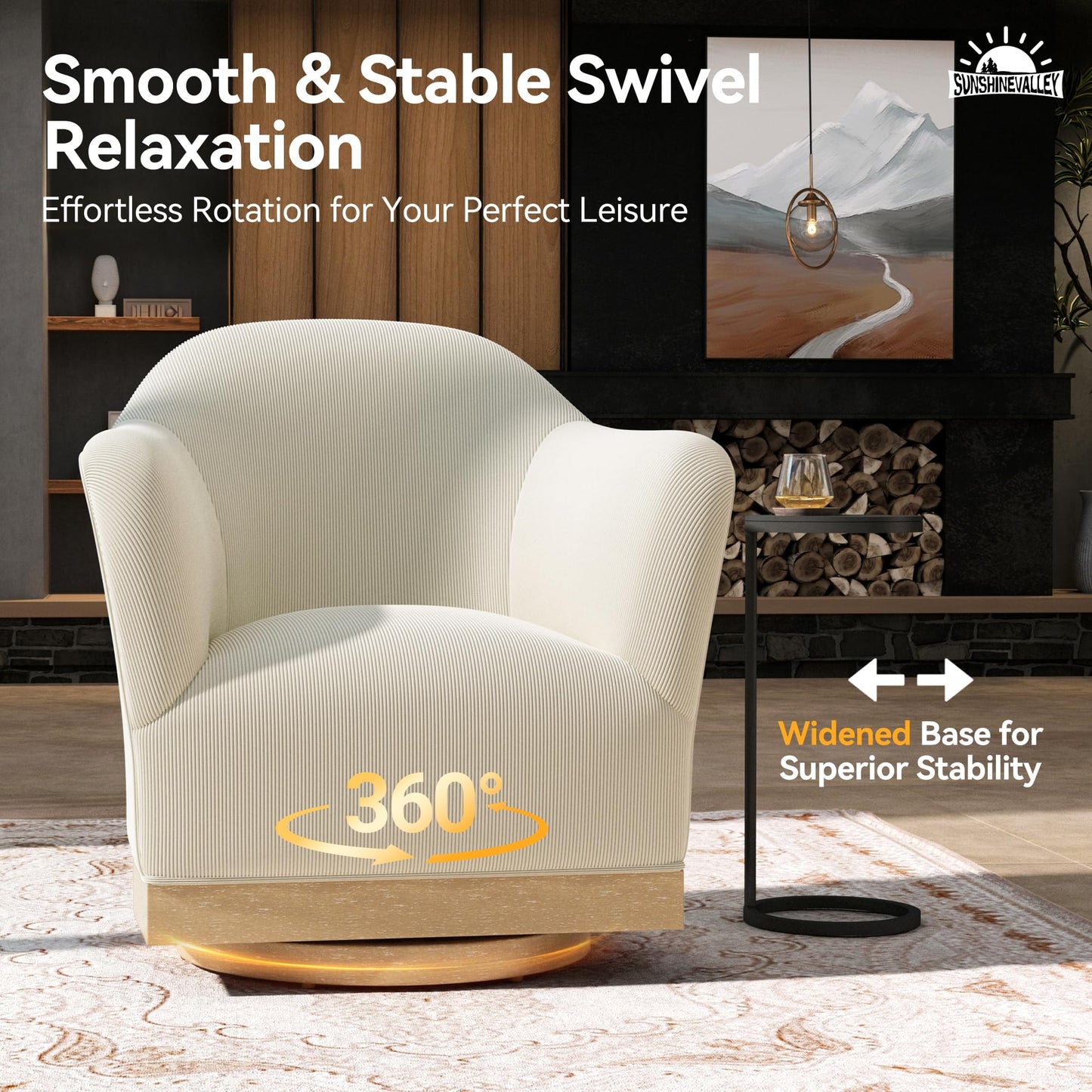 SUNSHINE VALLEY Swivel Accent Chair, High-Back Barrel Chair with Reinforced Hardwood Frame, 360°Swivel for Living Room, Armchair with 400 lbs Capacity, No Assembly Required, Off-White