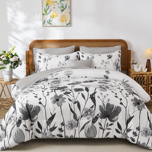 Anibedding 8Pieces Queen Comforter Set, Grey Watercolor Floral Queen Size Bed in a Bag Comforter Set with Pillowcase, Sheets for All Season