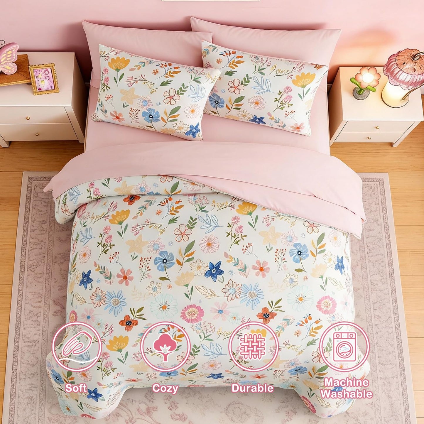 Kaleido Space Twin Comforter Set for Girls Kids - 5 Pieces Pastel Garden Patterns Twin Bedding Sets for Girls Teen, Soft Cozy Bed in A Bag with Sheets