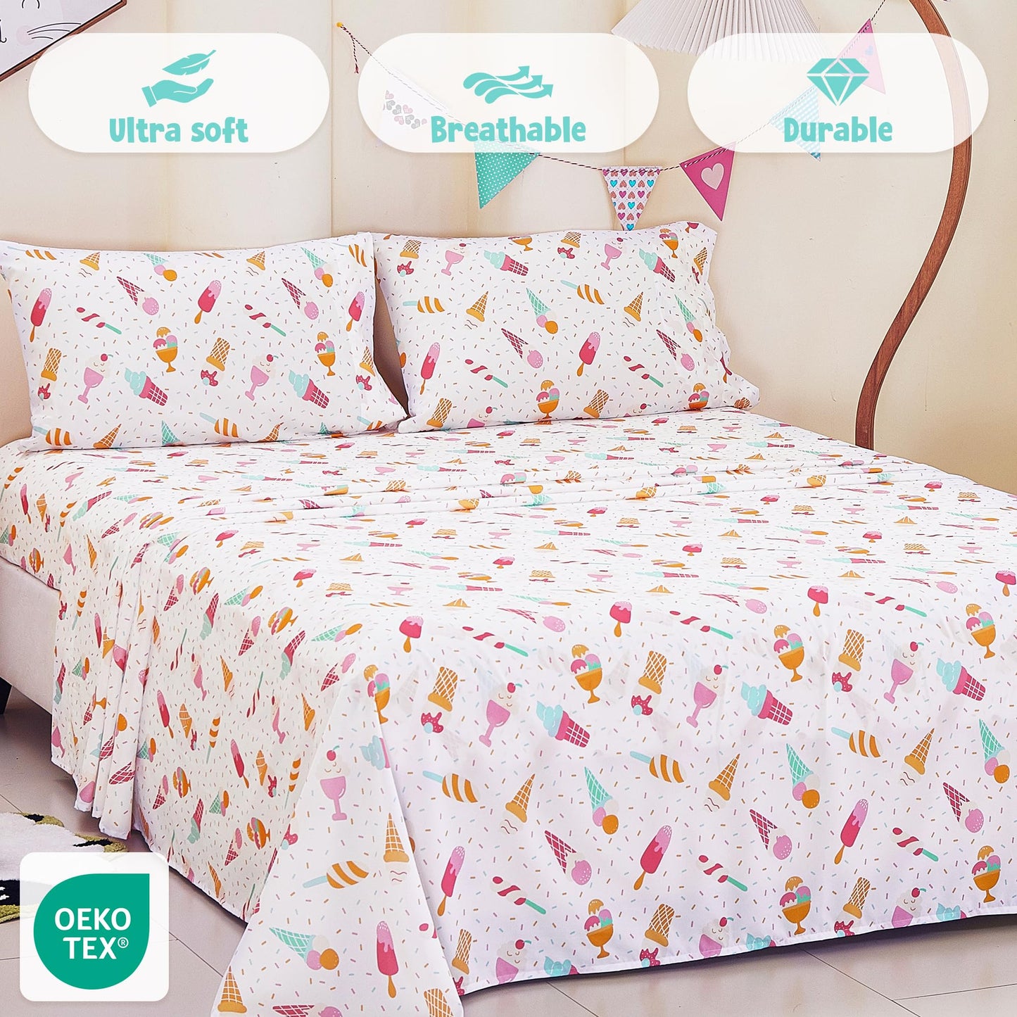 CozySmile Full Sheet Set Kids,4 Pieces Breathable Soft Microfiber Bedsheets for Child Girls, Oeko-TEX, Anti Pilling Deep Pockets Easy Care Bed Sheets, Ice crea