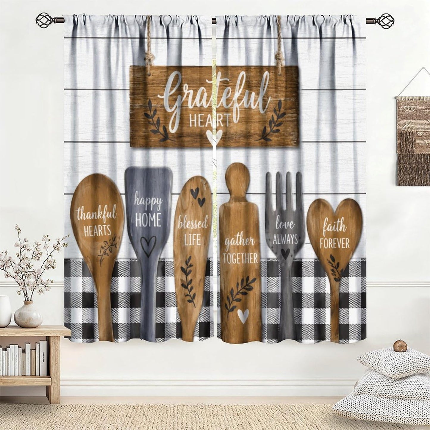 Tificats Farmhouse Kitchen Curtains,Rustic Brown Wooden Utensils Cafe Inspirational Quotes Buffalo Plaid Blackout Rod Pocket Window Treatment for Dining Room Cafe Bedroom21 W x 45" L (Pack of 2)