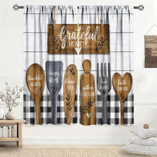 Tificats Farmhouse Kitchen Curtains,Rustic Brown Wooden Utensils Cafe Inspirational Quotes Buffalo Plaid Blackout Rod Pocket Window Treatment for Dining Room Cafe Bedroom21 W x 45" L (Pack of 2)