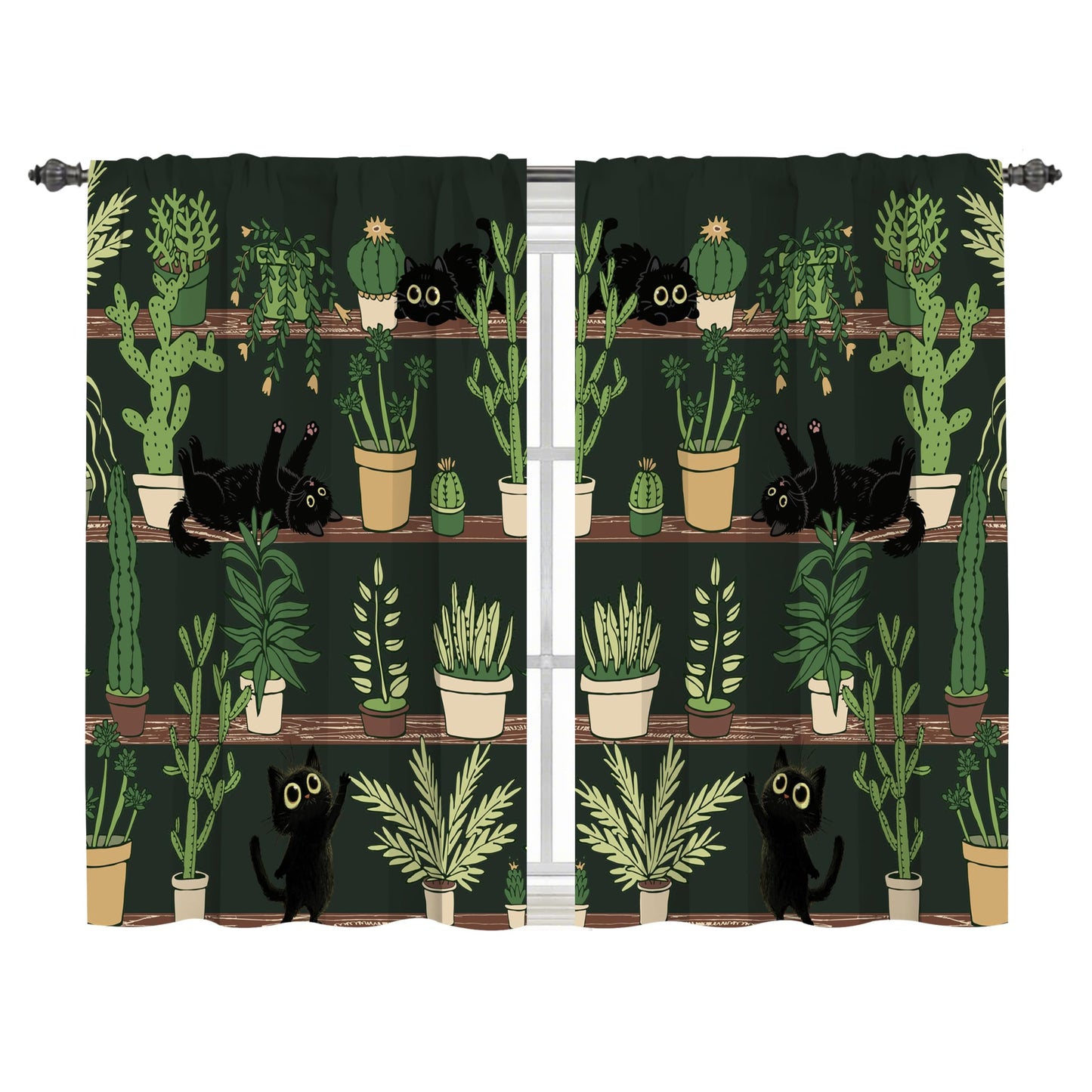 Worltoldb Black Cat Cactus Kitchen Curtains Cafe Curtains for Bathroom Dining Room Living Room Pocket Window Drapes 2 Panels Set 28"x36"