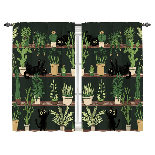 Worltoldb Black Cat Cactus Kitchen Curtains Cafe Curtains for Bathroom Dining Room Living Room Pocket Window Drapes 2 Panels Set 28"x36"