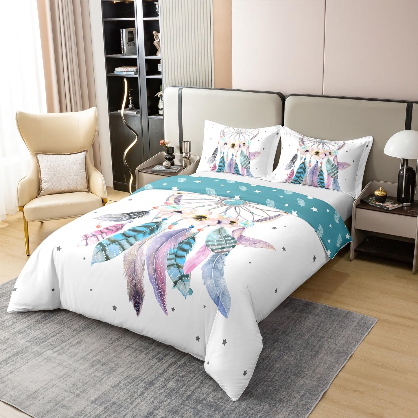 Erosebridal 100% Cotton Dream Catcher Bedding Sets Twin Girls Floral Flower Duvet Cover Cherry Blossom Comforter Cover Women Aztec Tribal Quilt Cover,Bohemian Feather Star Room Decor 1 Pillowcase