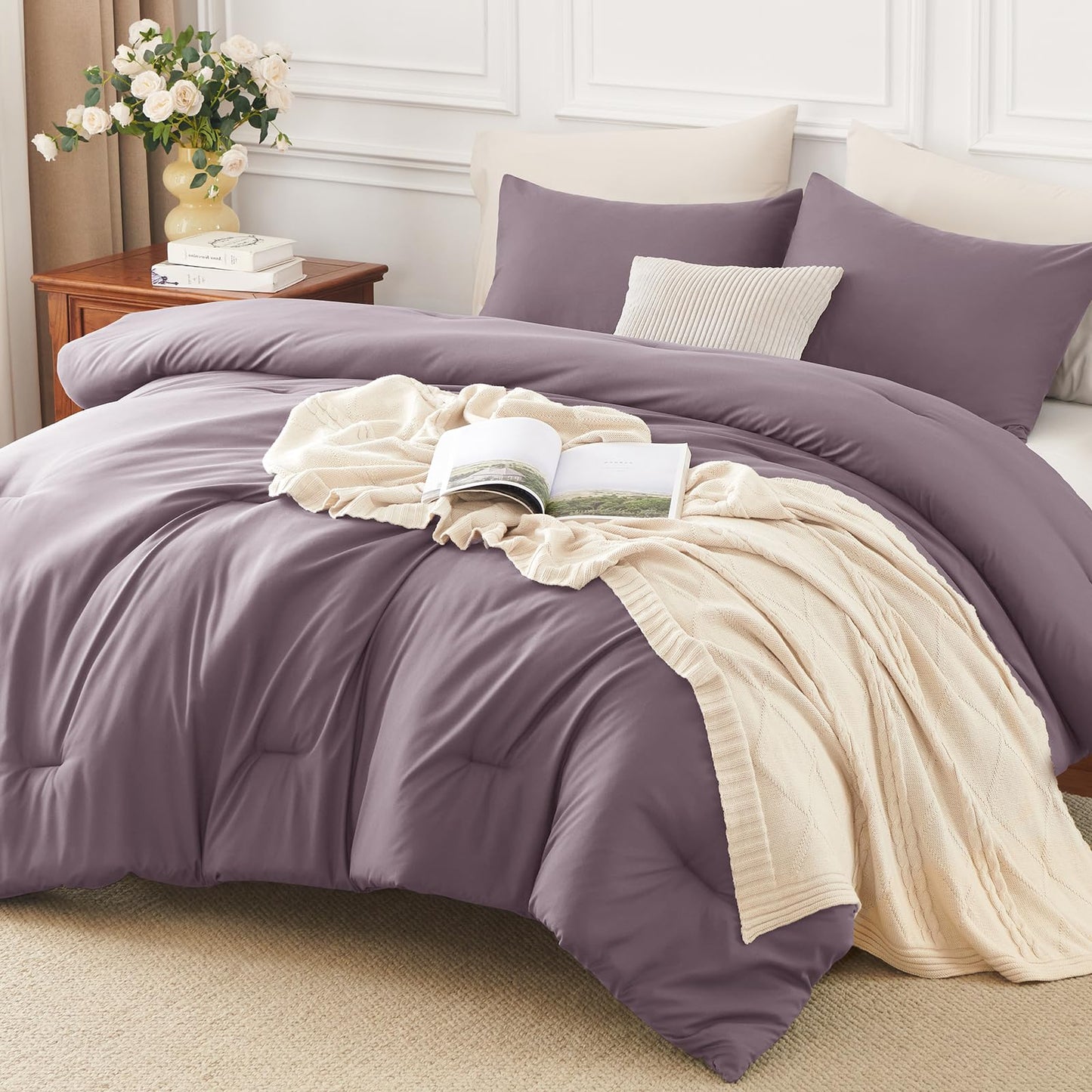 HIMEET King Size Comforter Set 3 Piece, 270GSM Down Alternative Fill, Oeko-TEX Certified, Quilted with 8 Corner Ties, All Season Bedroom Bedding with 2 Pillowcases, Dusty Purple