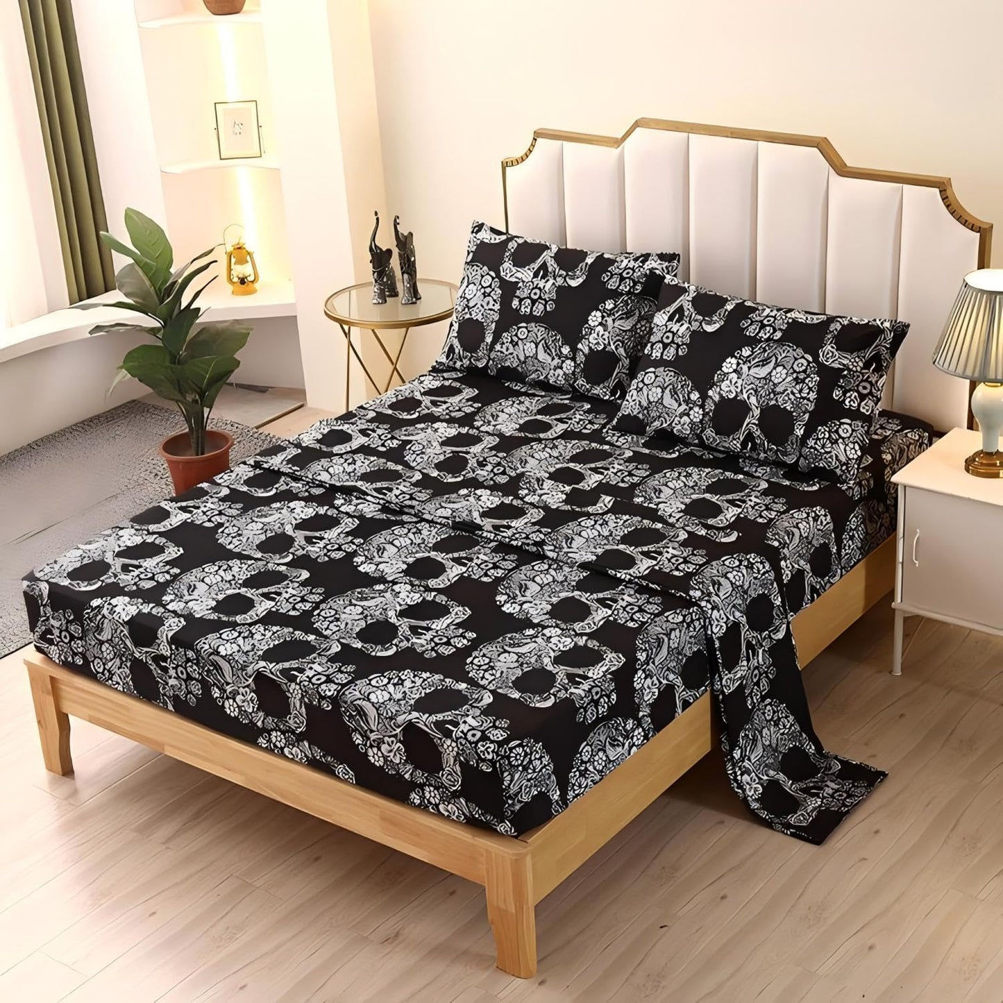 SDIII 4 Pieces Sugar Skull Sheets Twin, Soft Microfiber Gothic Sheets Twin Size Skeleton Printed, Goth Bedding Sheet Set Deep Pocket All Season