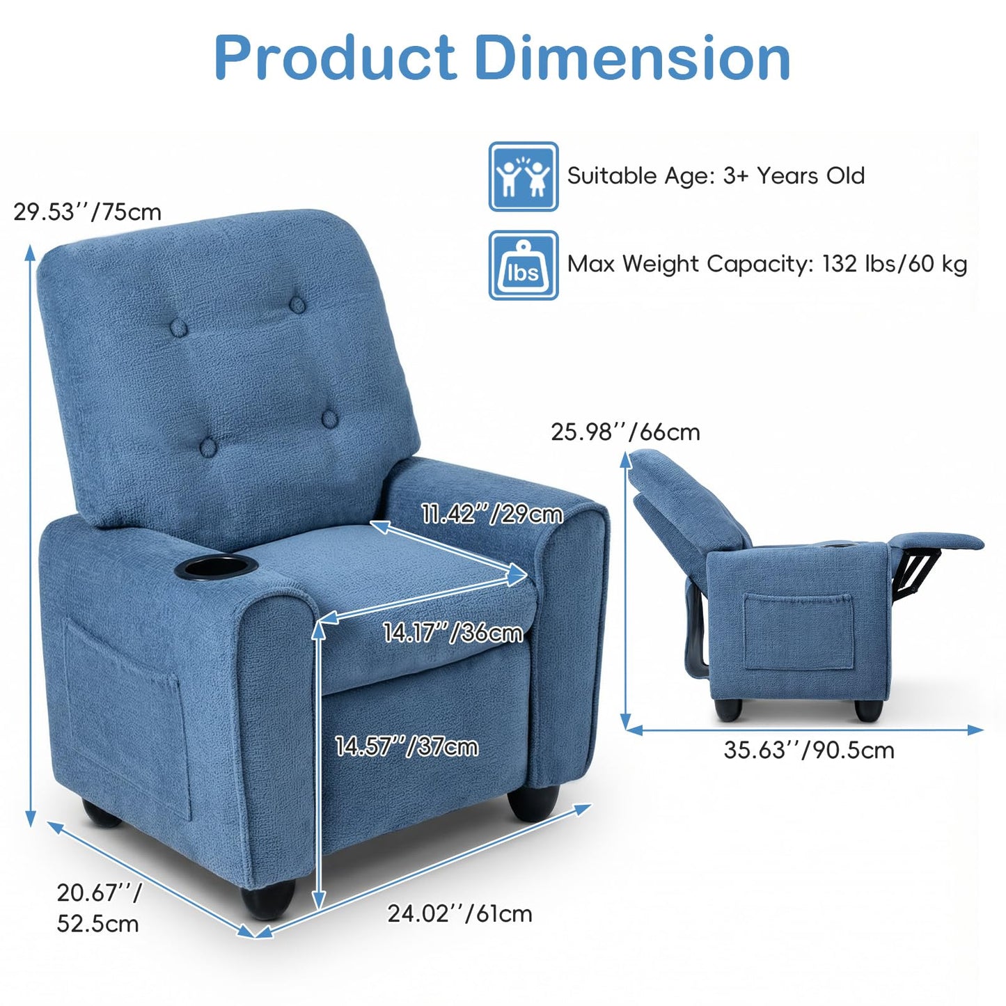 INFANS Kids Recliner, Toddler Lounge Chair with Adjustable Backrest Footrest Cup Holder Side Pockets, Velvet Leather Toddler Couch