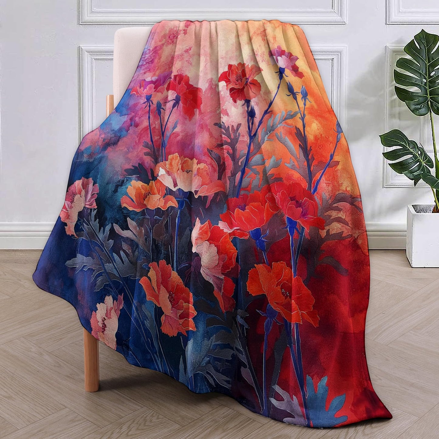 VANZEV Vibrant Carnations Painting Blanket, Floral Art Flannel Throw Blankets,Soft Warm Lightweight Cozy Plush Throws for Bedroom Sofa Office Home Decor Gifts for Women Girls 60"x50"