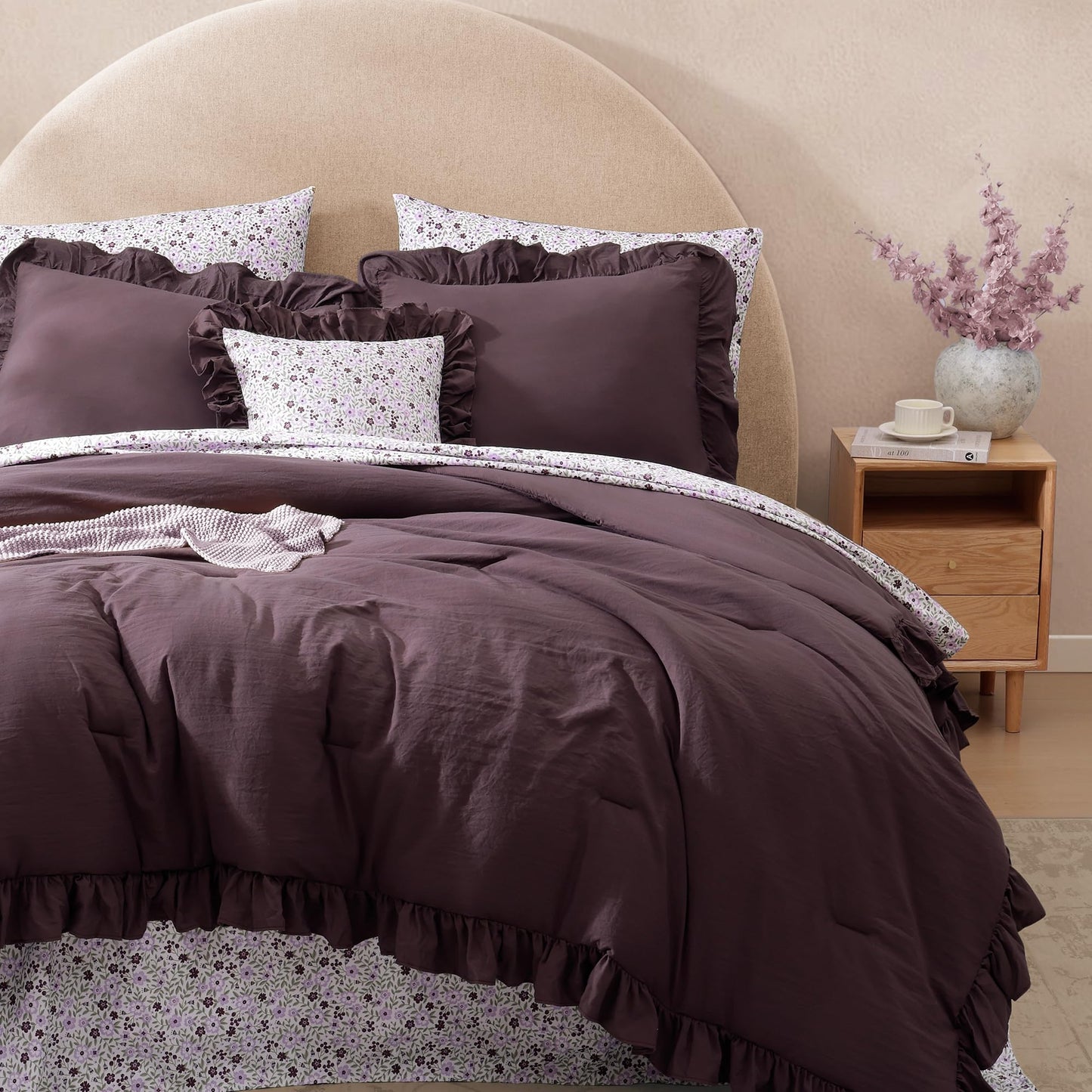 BLOOMHAVEN Queen Comforter Set - 7 Pieces Ruffle Purple Bedding Sets, Shabby Chic Farmhouse Bed in a Bag Queen with Ruffle Comforter, Floral Sheets, Pillowcases & Shams