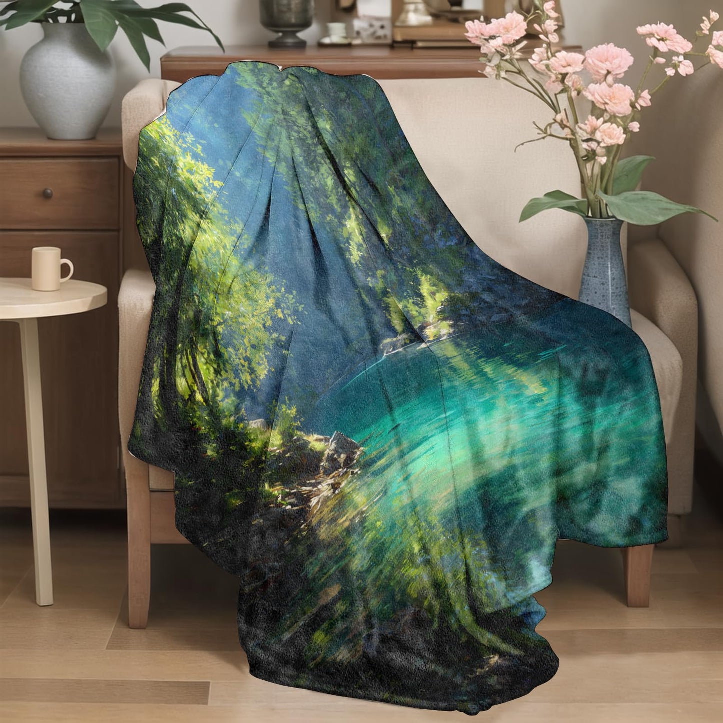 YCUFN Forest River Flannel Blanket 50"x60" Tranquil Mountain Lake Landscape Lightweight Throw Blankets Birthday for Nature Lovers Office Bedroom Sofa Travel Home Decorate