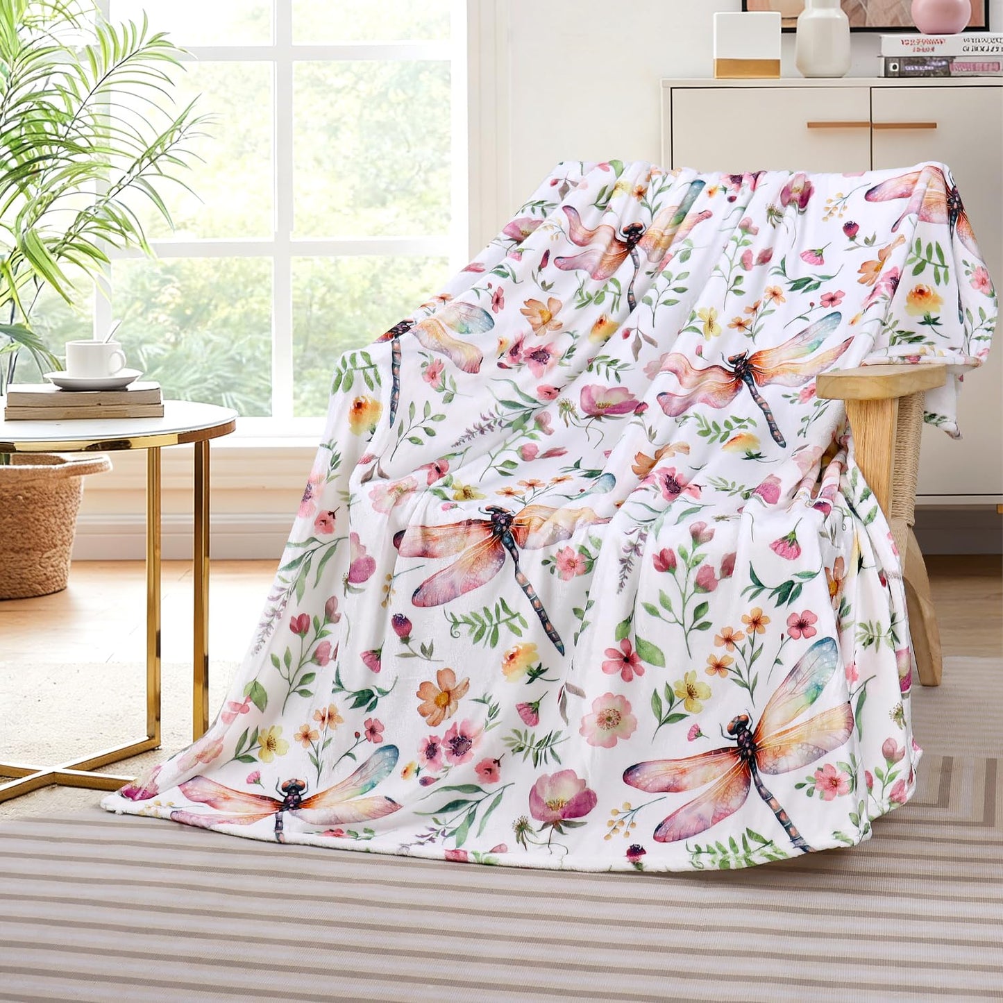 Floral Throw Blanket Flower Plant Bed Blankets Dragonfly Print Blanket Warm Cozy Blankets Super Soft Plush Flannel Fleece Blankets for Couch Bed Sofa 50"x60"