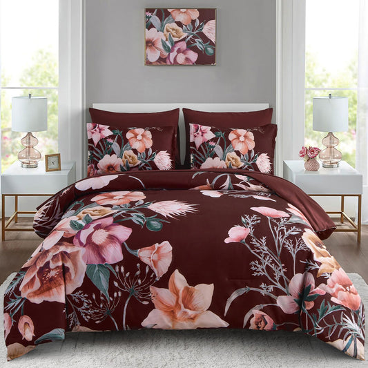 Luxudecor Burgundy Floral Comforter Set Queen Size 7 Piece, Flower Bed in a Bag, Elegant Floral Comforter with Sheet Set, Soft Microfiber Bedding Set for All Season (Burgundy, 90"x90")