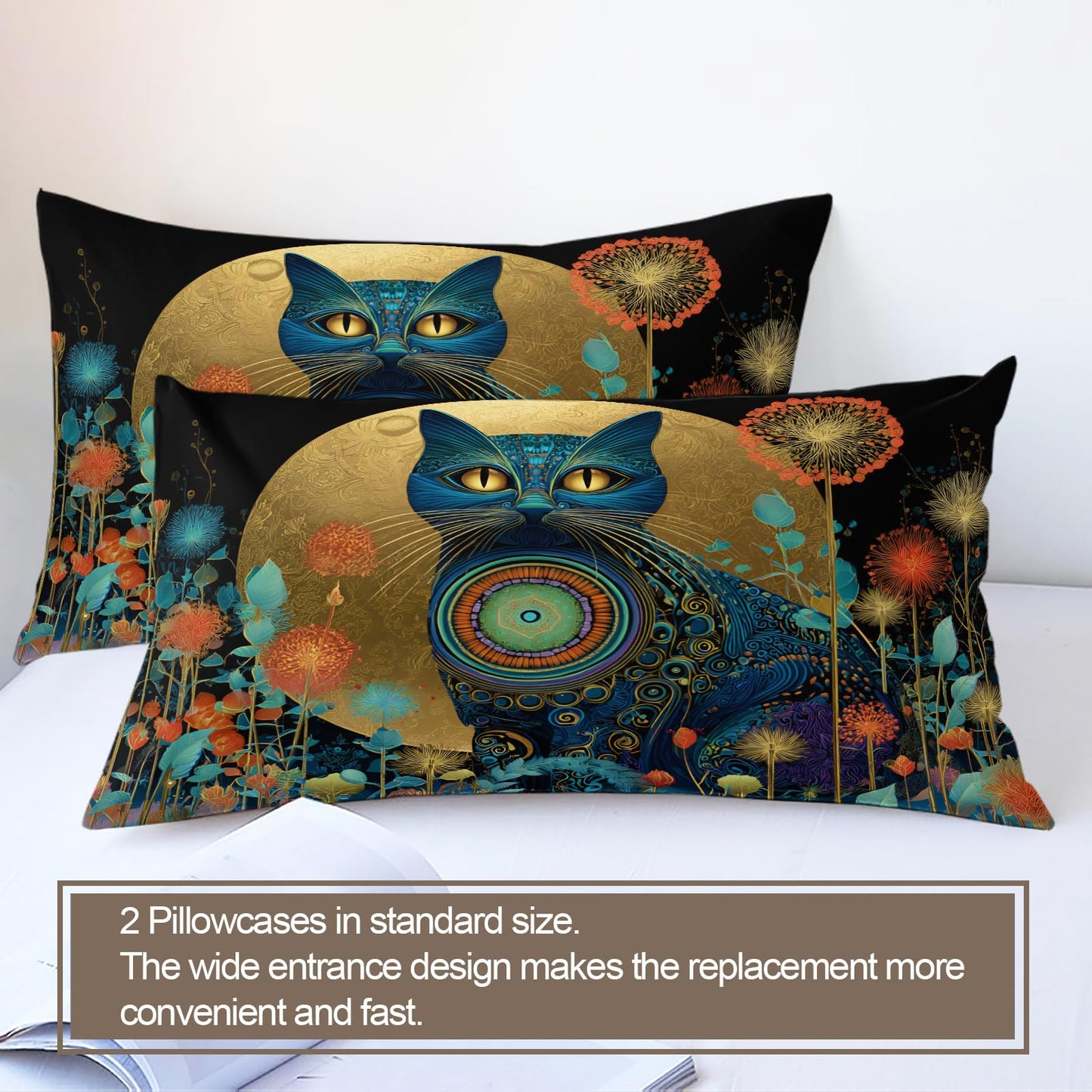 ZAMODE Cat Duvet Cover Oversized King Size, Boho Flower Cat Comforter Cover 120" x 98" & 2 Pillowcases, Retro Exotic Kitten Bedding Set with Zipper Ties