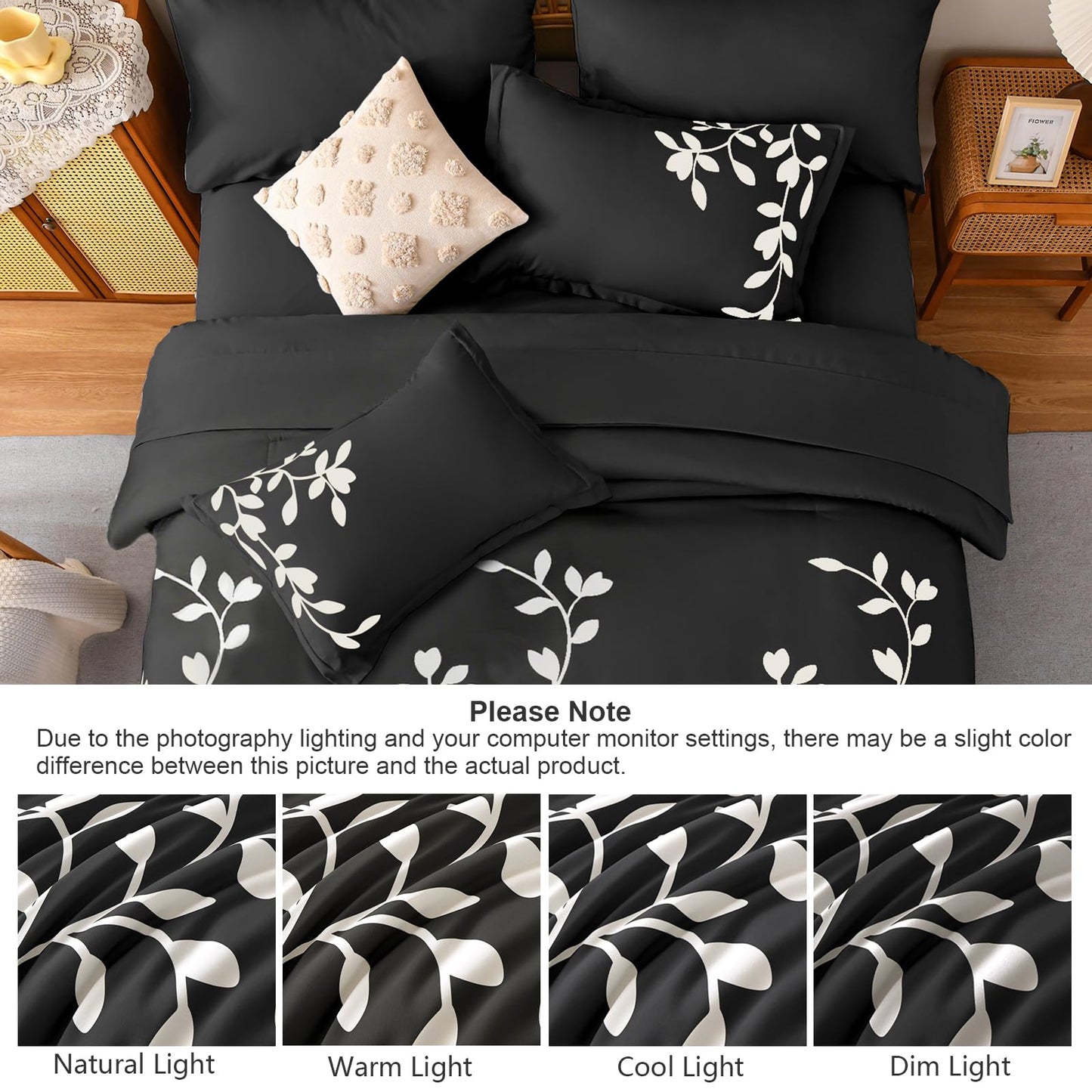 METAHOTS Queen Size Comforter Set - 7 Piece Floral Botanical on Black Queen Comforter Sets with Sheets and Pillows, Soft Lightweight Microfiber Bedding Set for All Season(90"X90")
