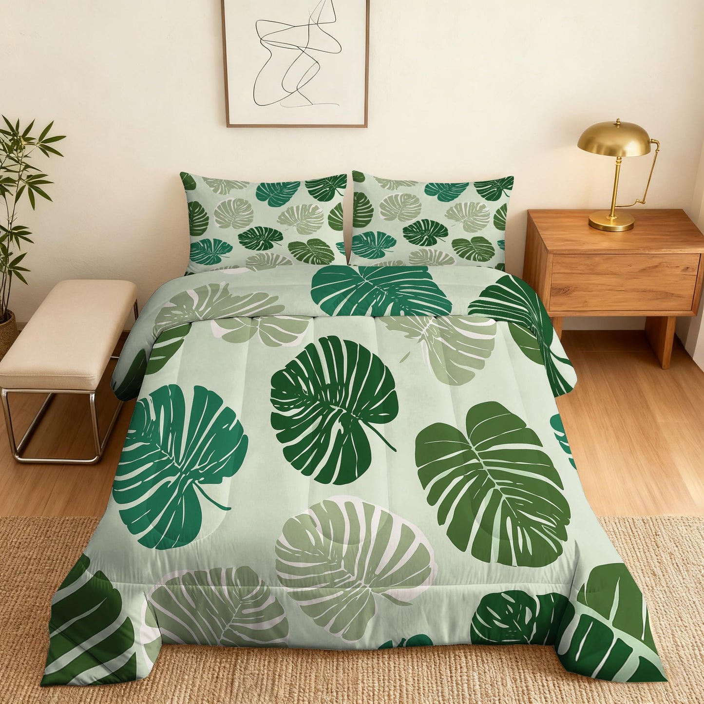 Palm Leaf Comforter Set King Size 3Pc, Green Tropical Plants Pattern Down Alternative Bed Comforter, 2 Pillow Shams, Soft All Season Bedding, Leaf Bedroom Decor A9