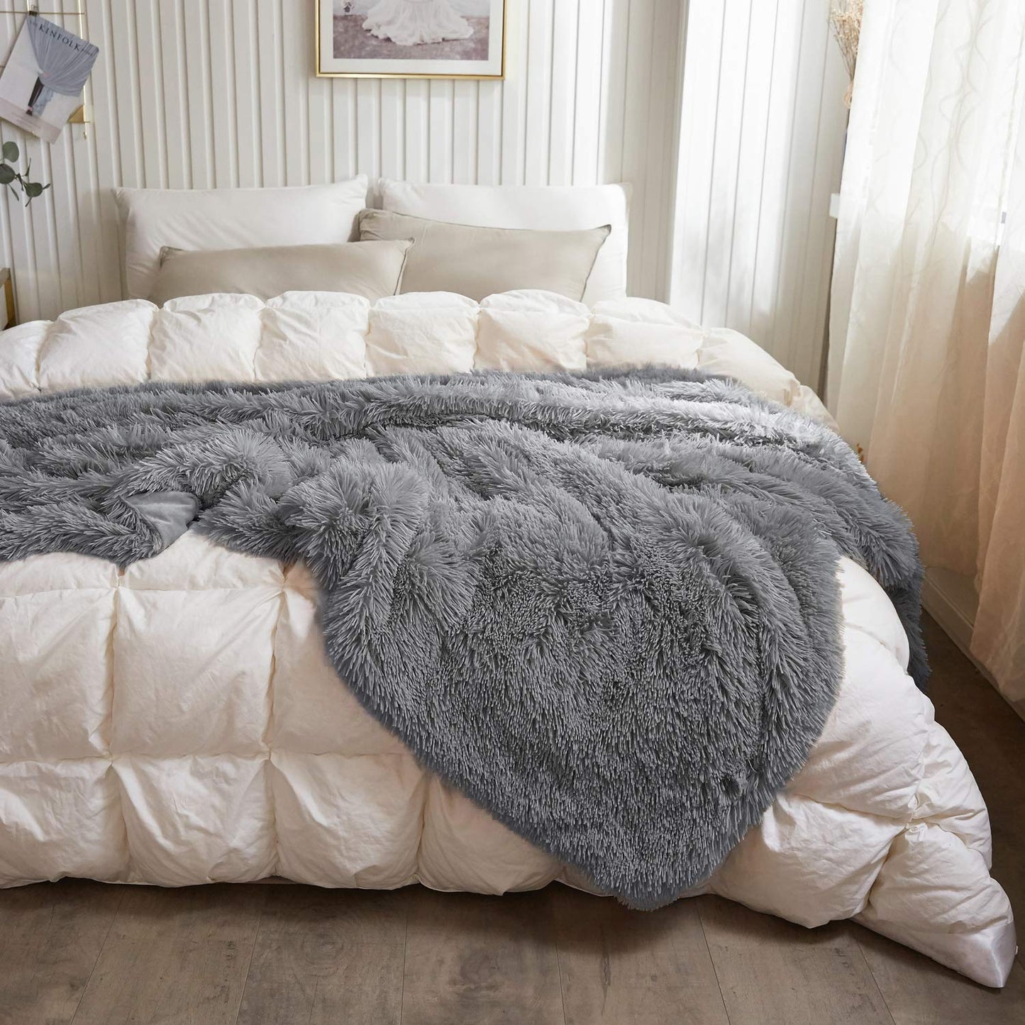 YOH Warm Shaggy Sherpa Reversible Throw Blanket, Fluffy Soft Long Hair Fuzzy Faux Fur Grey Blanket for Man and Woman Couch Bed Sofa Photo Props Home Decorative Throws, (60x50 Inches) Grey