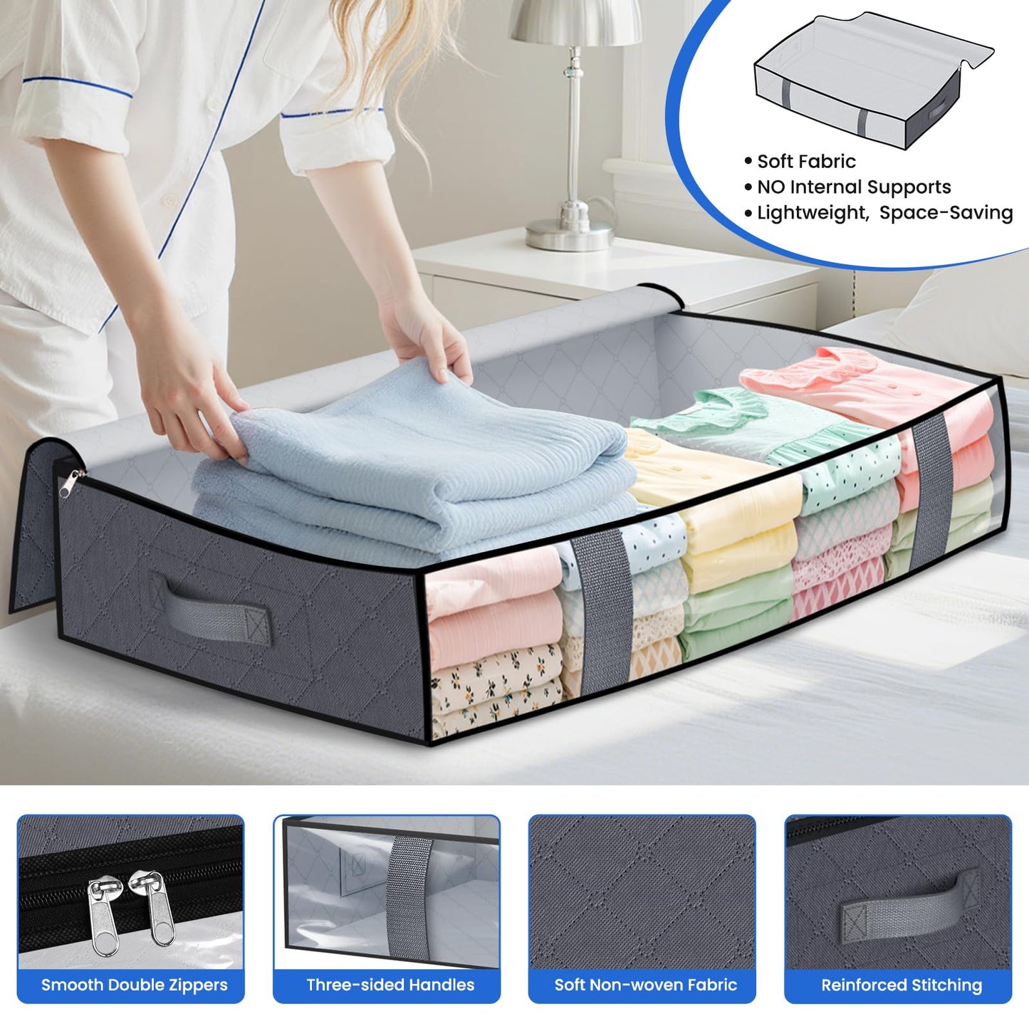 TasticTotes Under Bed Storage Containers, 4 Pack Blanket Storage Bags, Collapsible Storage Bags with Big Zippers, Clear Front, Shoe Storage and Organization for Clothes, Comforter, 90L, Grey
