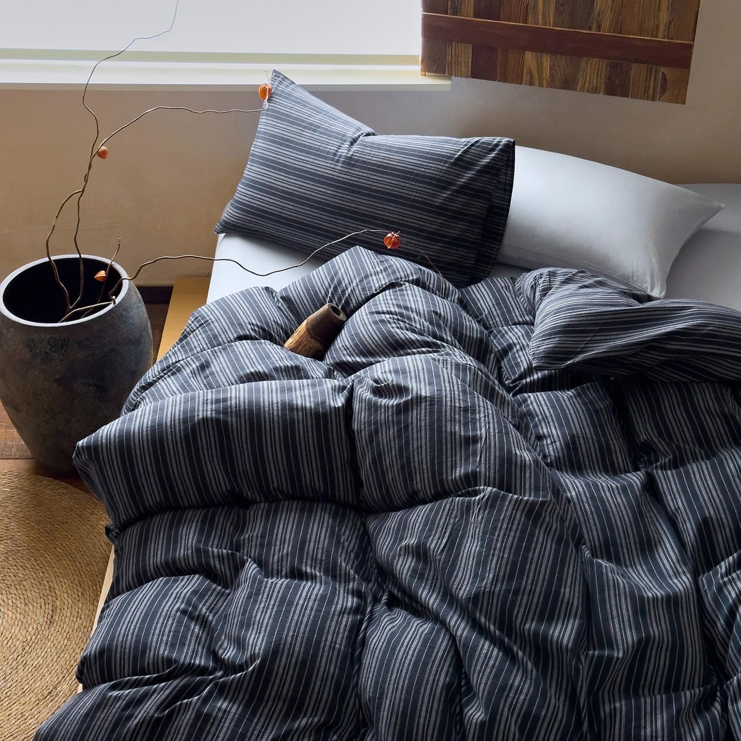 VM VOUGEMARKET Blue White Stripe Duvet Cover Set – Soft Washed Cotton,Modern Neutral Ticking Pinstripe Minimalist, 3 Pieces,Navy Blue,Queen Size