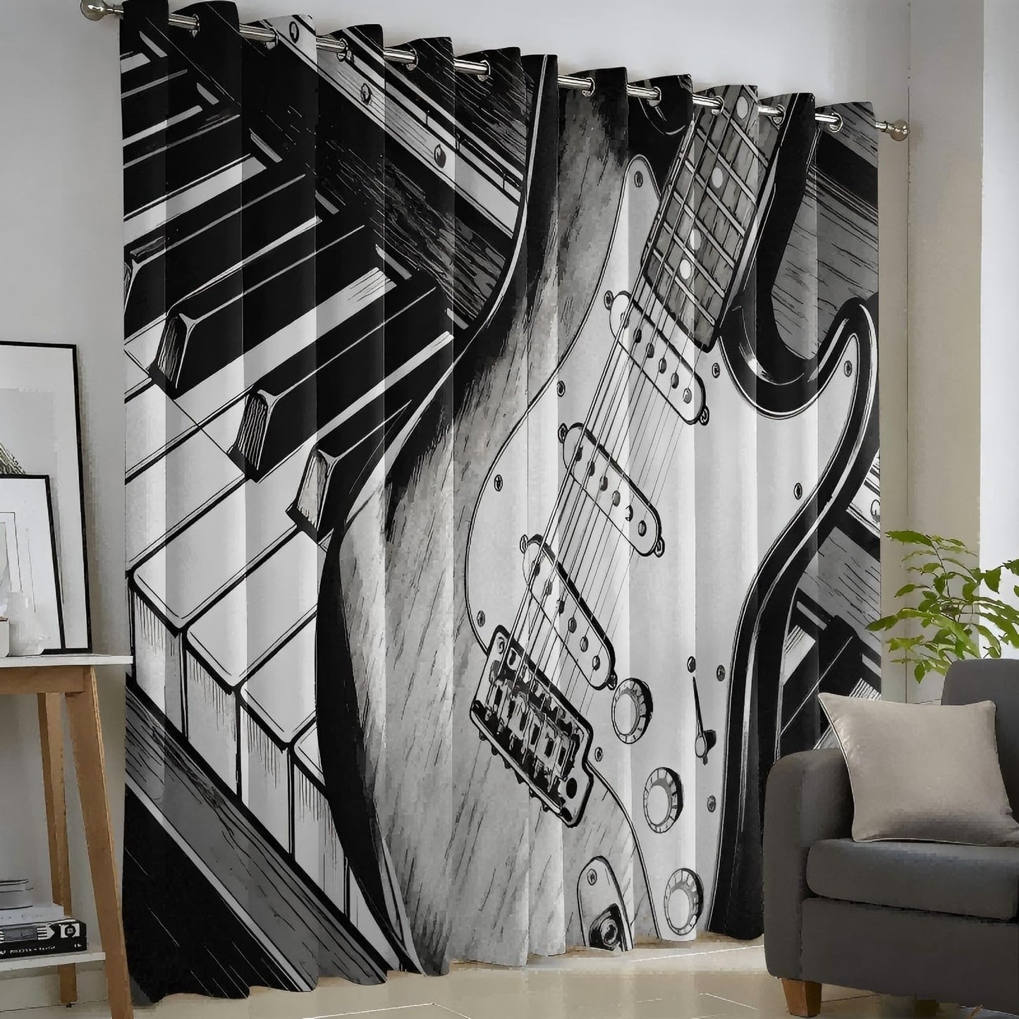 MBVZGUK Black and White Piano Keys Electric Guitar Sketch 63 Inch Curtains 2 Panel Set, Music Instrument Room Darkening Curtains, Musical Art Curtain for Boy Teen Bedroom Decor