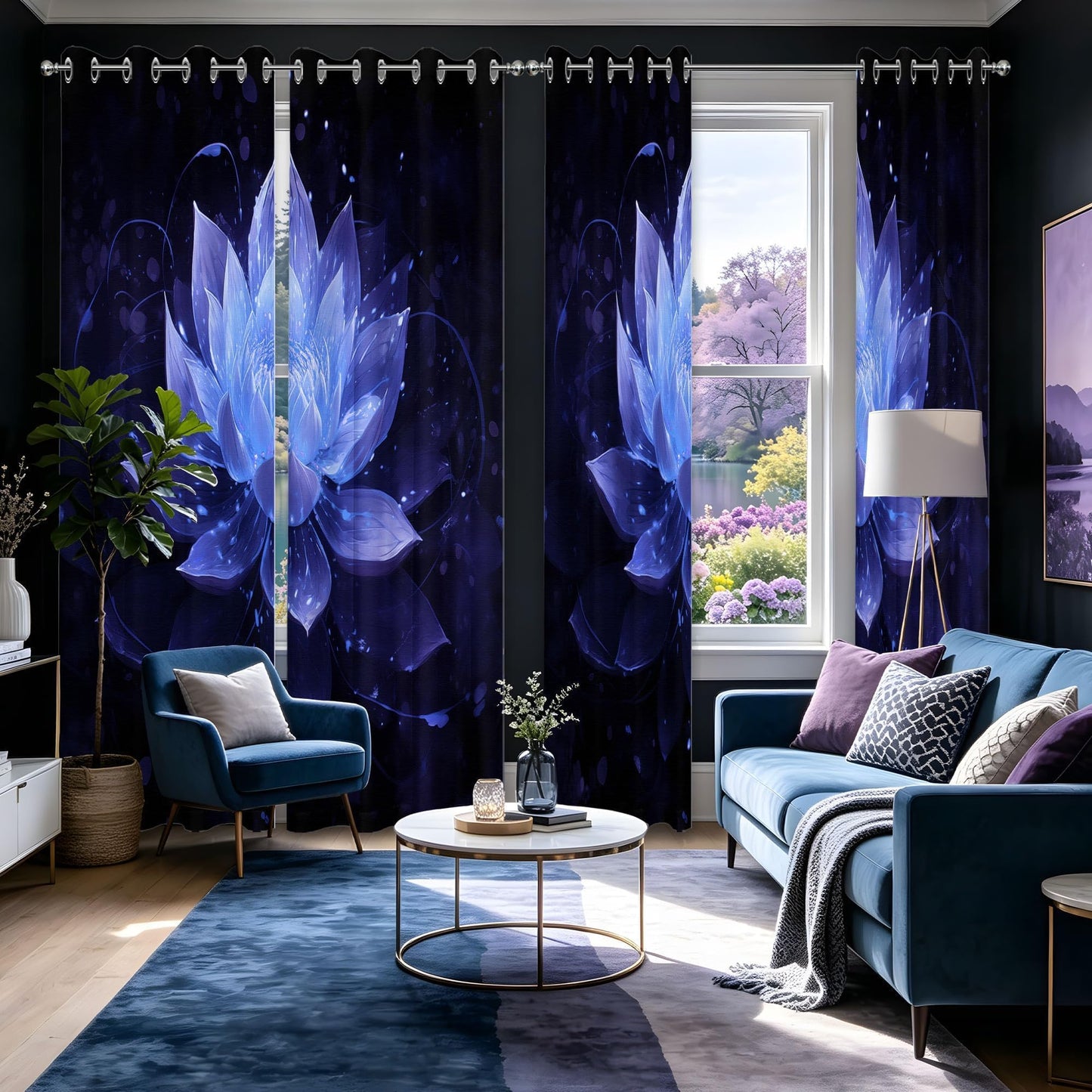 soeeao Royal Blue Lotus Blackout Curtains, Black and Navy Blue Lotus Flower Window Drapes for Bedroom Living Room, 84 inch Length 2 Panels Set, 52x84 inch