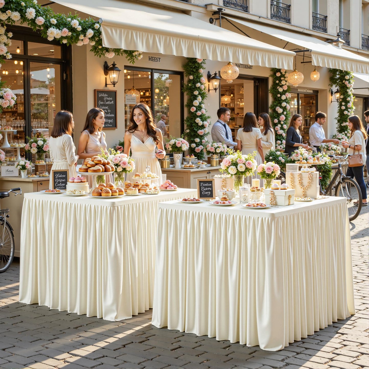 Ivory Square Tableloths 34x34 Inch 2 Packs, Stretch Fitted Square Table Cloth Washable Fabric Card Table Cover with Pleated Ruffle Skirt for Dining,Kitchen,Buffet Parties,Trade Show,Vendor Stand