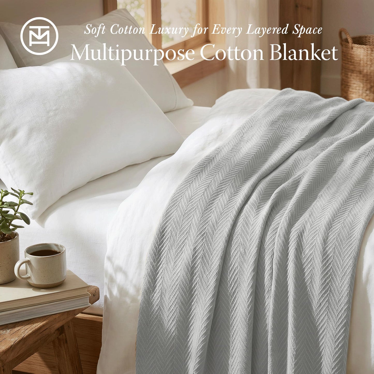 Threadmill Luxury Cotton Blankets for Twin Size Bed | All-Season 100% Cotton Twin Blanket for Bed | Herringbone Soft & Cozy Fall Thermal Blanket, 350GSM, 68x90 inches | Light Grey