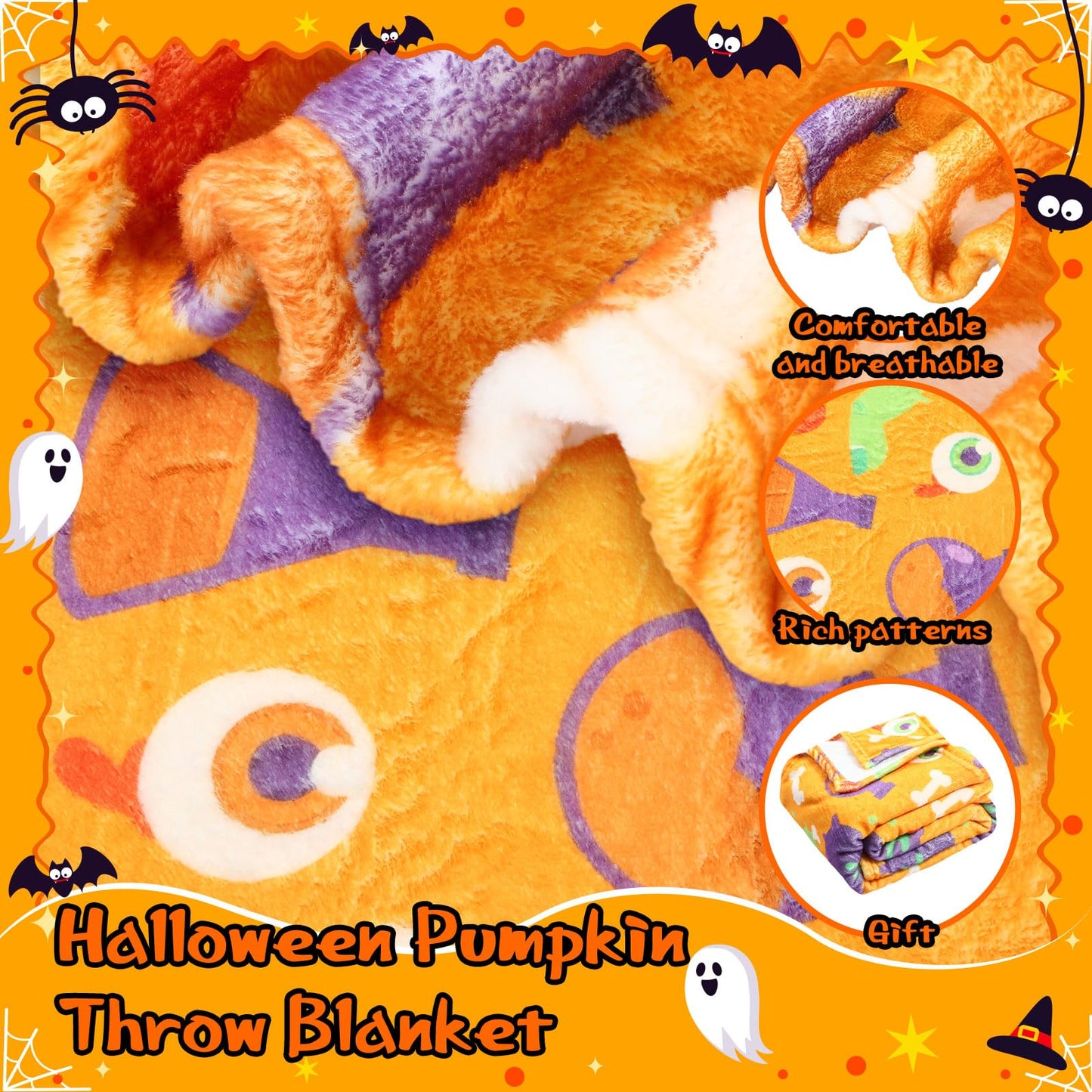 Fanfanwin 4 Pack Halloween Throw Blankets Pumpkin Spider Web Bone Eyes Wizard Hat Moon Soft Flannel Fuzzy Blankets Halloween Cozy Gifts Picnic Home Decor for Sofa Chairs Living Bedroom, 50 x 60 Inch