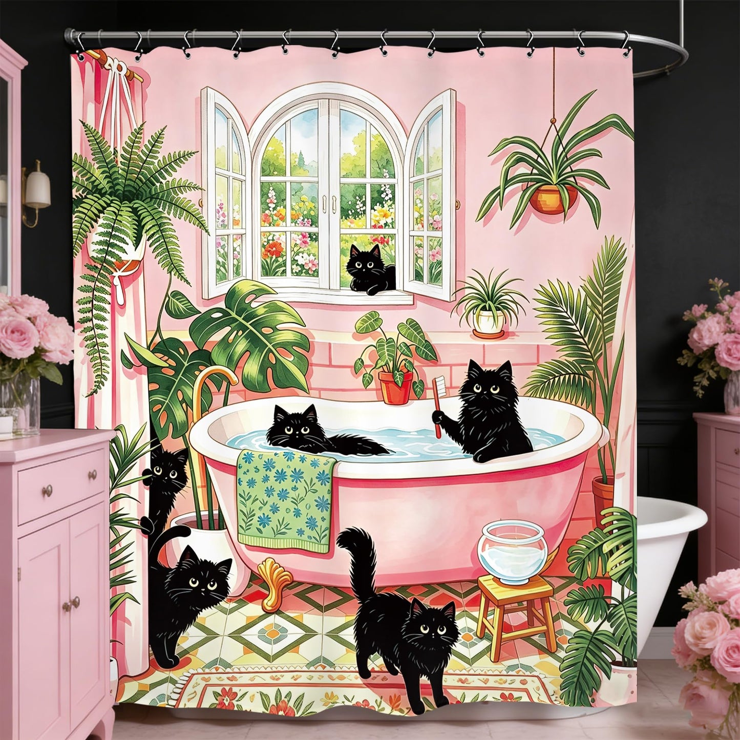 Kalmico Funny Black Cat Cute Shower Curtain 60Wx72L Inch Tropical Pink Green Lovely Kitten Botanical Bathroom Set Accessories Decor with 12 Pack Hooks
