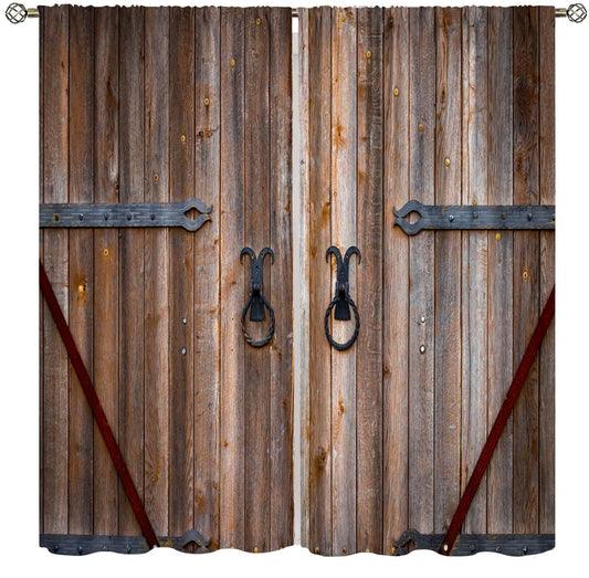 ICMOLYYENLO Vintage Wooden Door Curtains Rustic Farmhouse Barn Door Country Theme Pattern Decorative Curtains Vintage Cottage Living Room Printed Curtains 42x45 Inches 2 Panels