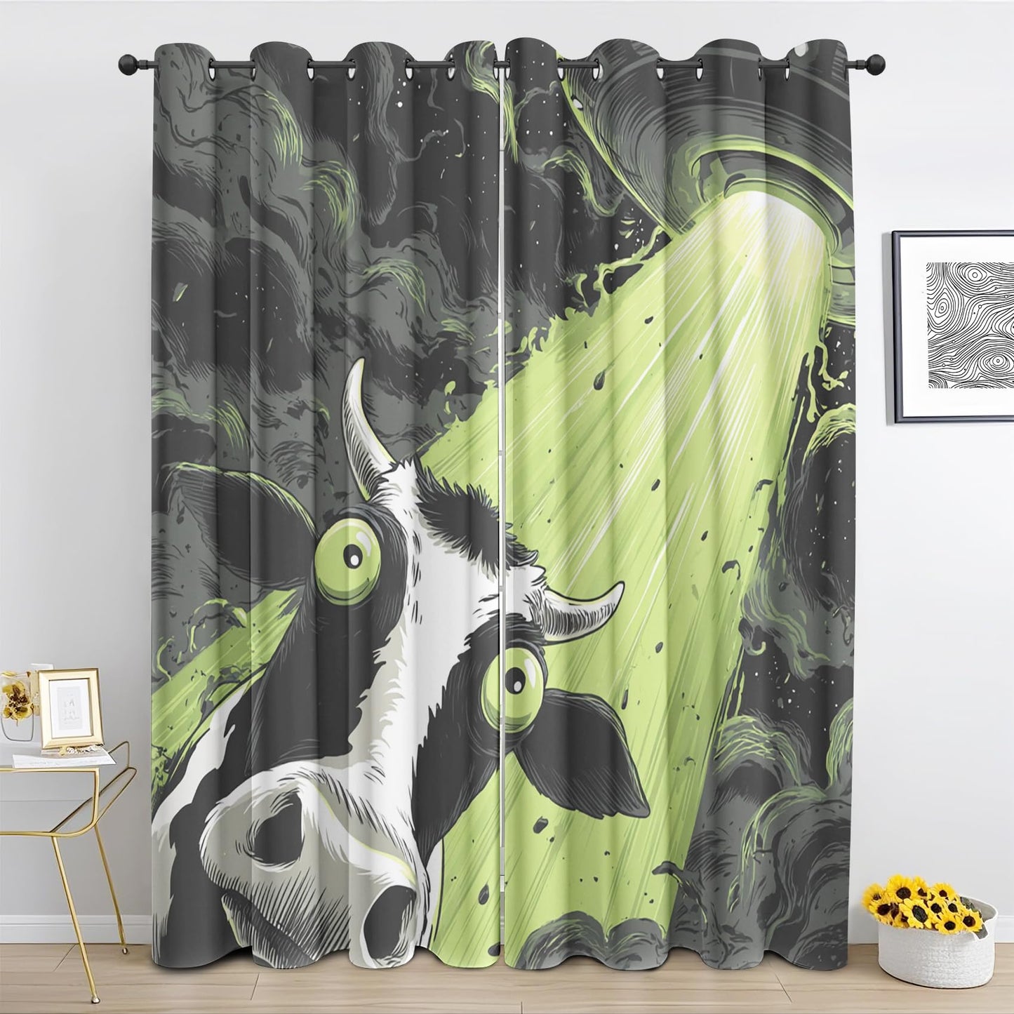 Funny Cow UFO Blackout Curtains, Farm Animal Drapes 63 Inch