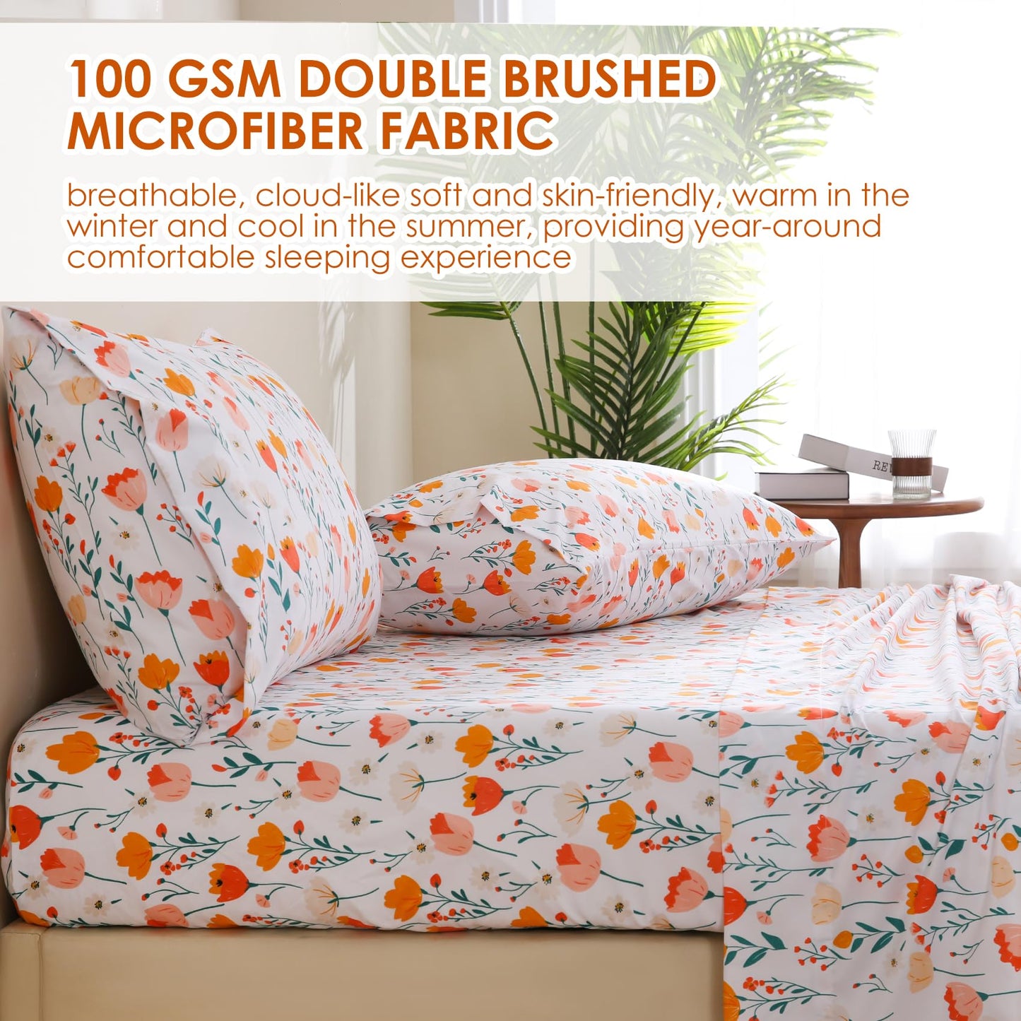 JSD Tulip Floral Sheet Set Queen Size, 4 Piece Spring Printed Microfiber Bed Sheets Deep Pocket